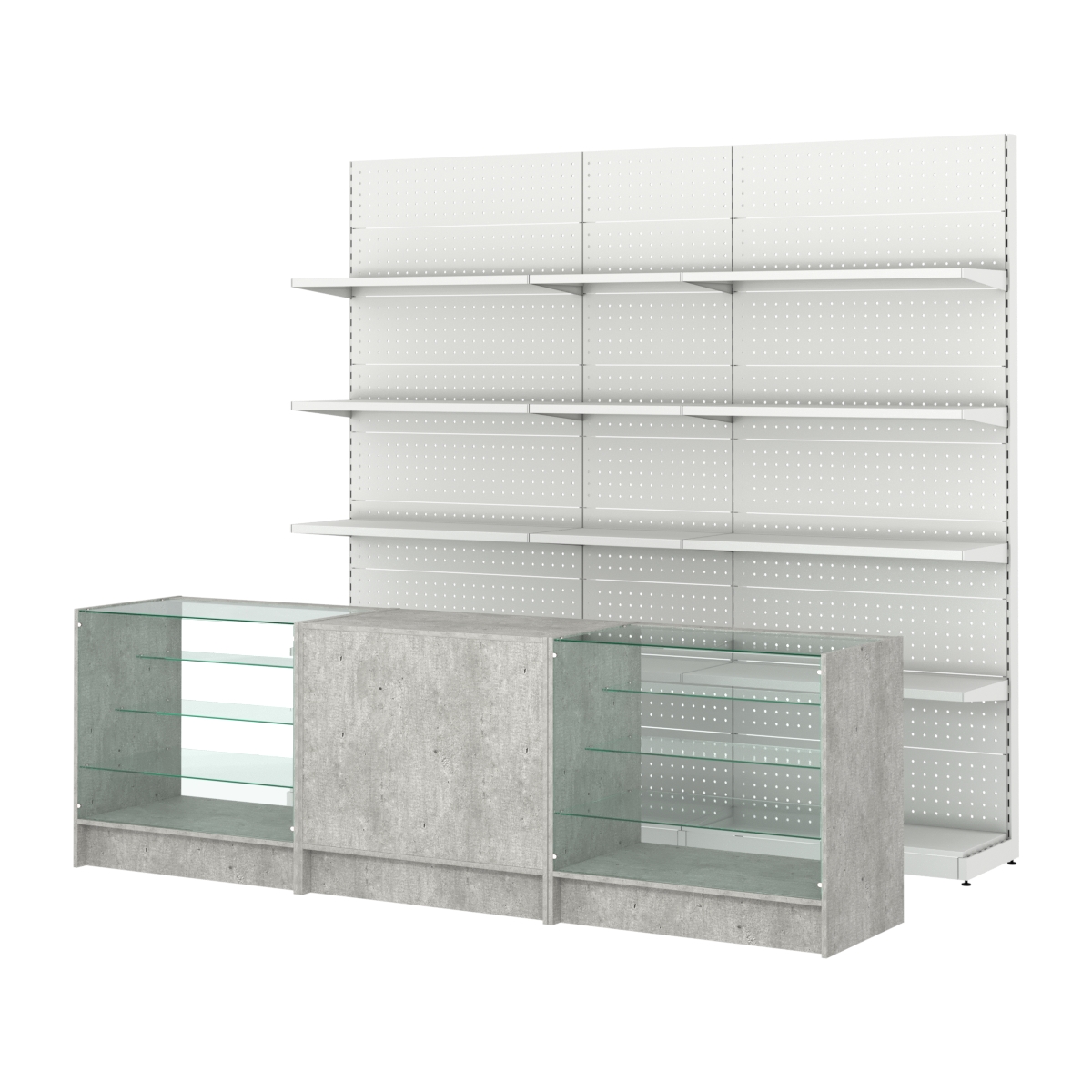 Комплект металлических стеллажей с полками и прилавков ЭК-4 Метрополитан Грей