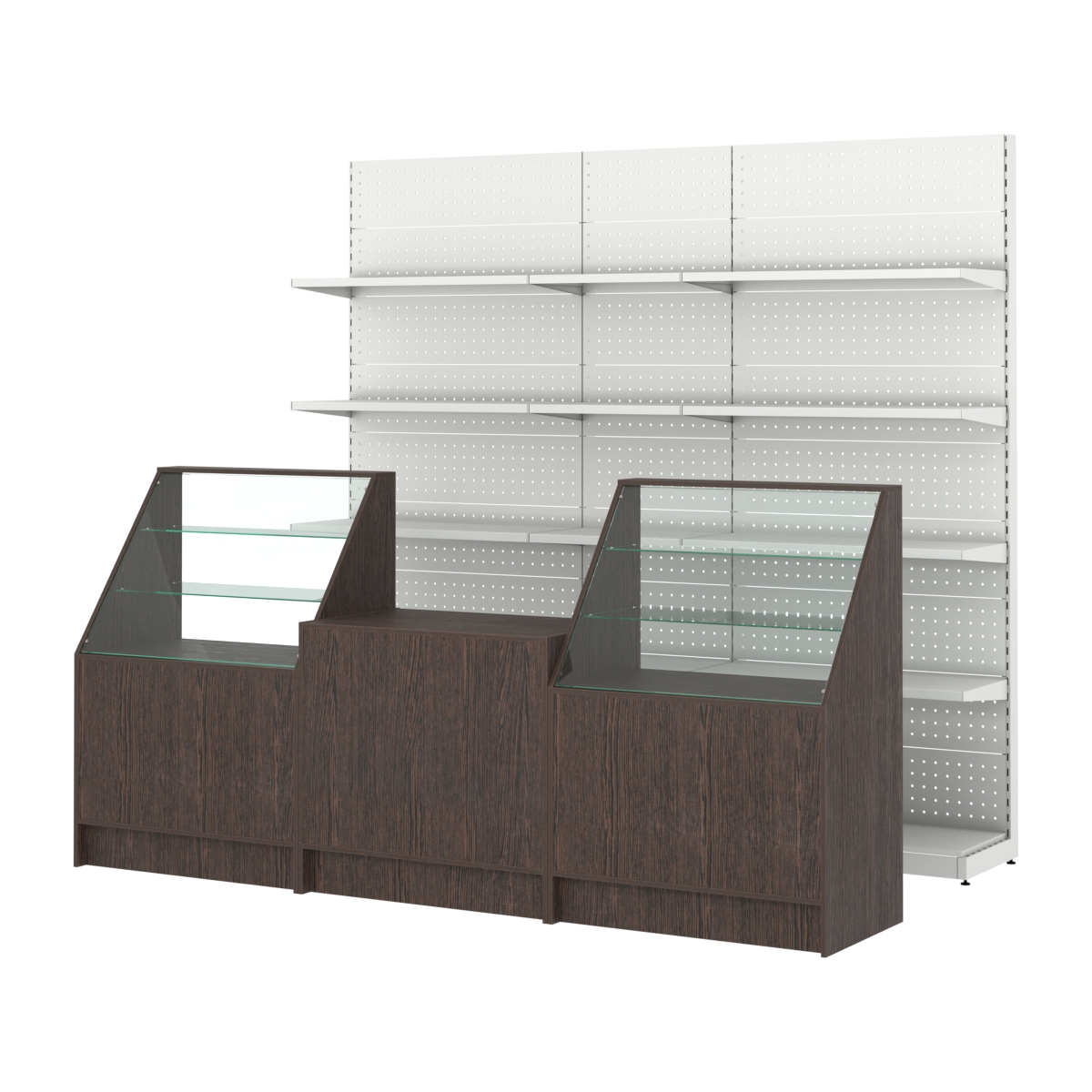 Комплект металлических стеллажей с полками и прилавков ЭК-7 Дуб Венге