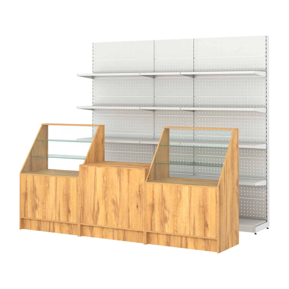 Комплект металлических стеллажей с полками и прилавков ЭК-7 Дуб Золотистый