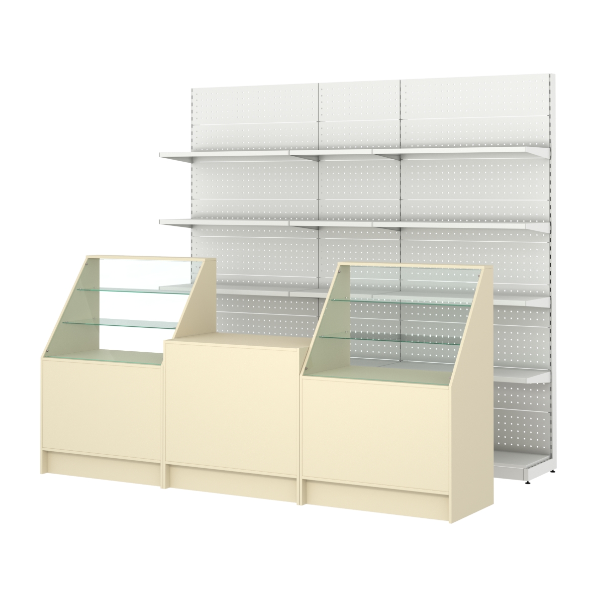 Комплект металлических стеллажей с полками и прилавков ЭК-7 Крем Вайс
