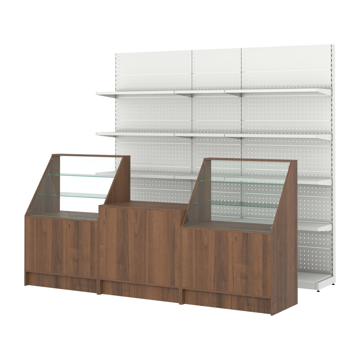 Комплект металлических стеллажей с полками и прилавков ЭК-7 Орех