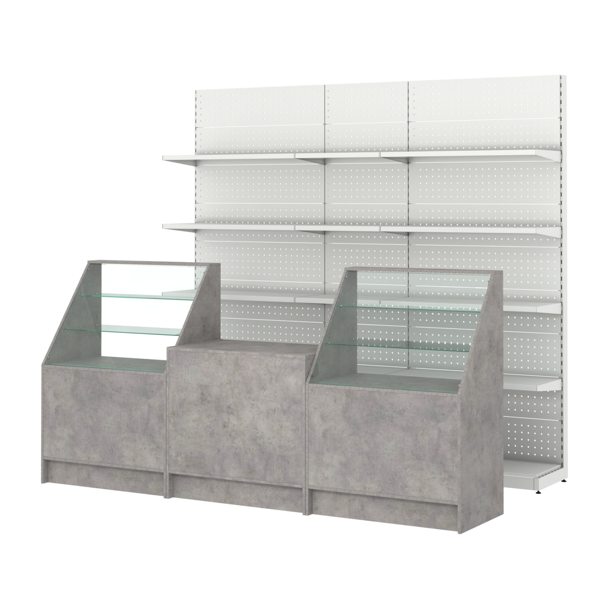 Комплект металлических стеллажей с полками и прилавков ЭК-7 Бетон Чикаго светло-серый F186 ST9