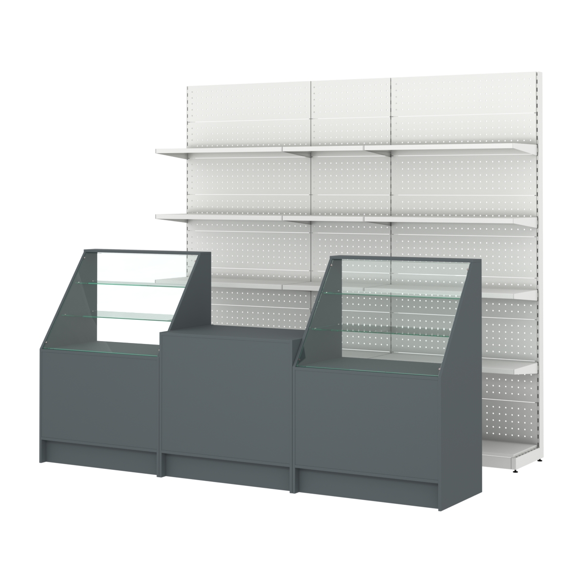 Комплект металлических стеллажей с полками и прилавков ЭК-7 Темно-Серый