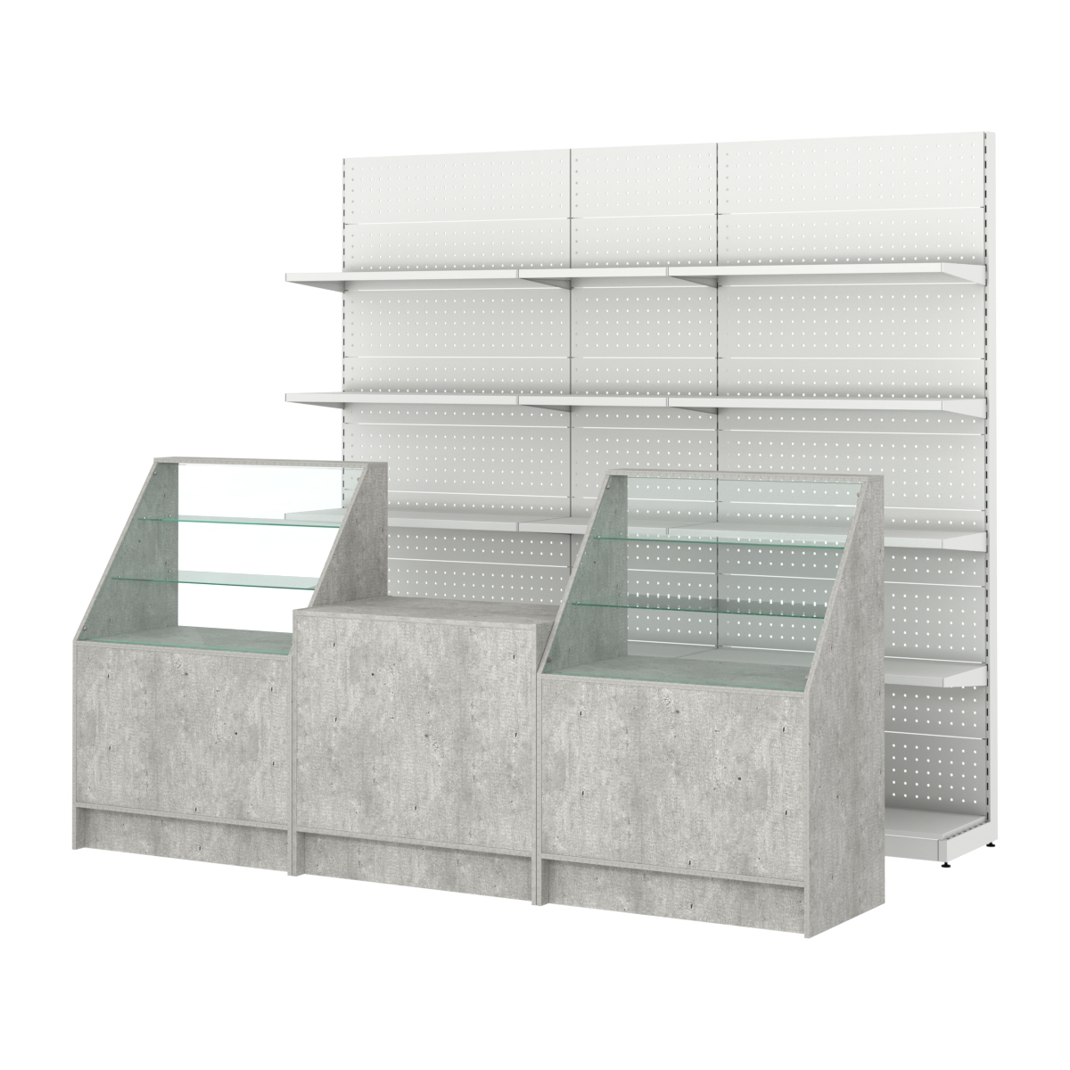 Комплект металлических стеллажей с полками и прилавков ЭК-7 Метрополитан Грей