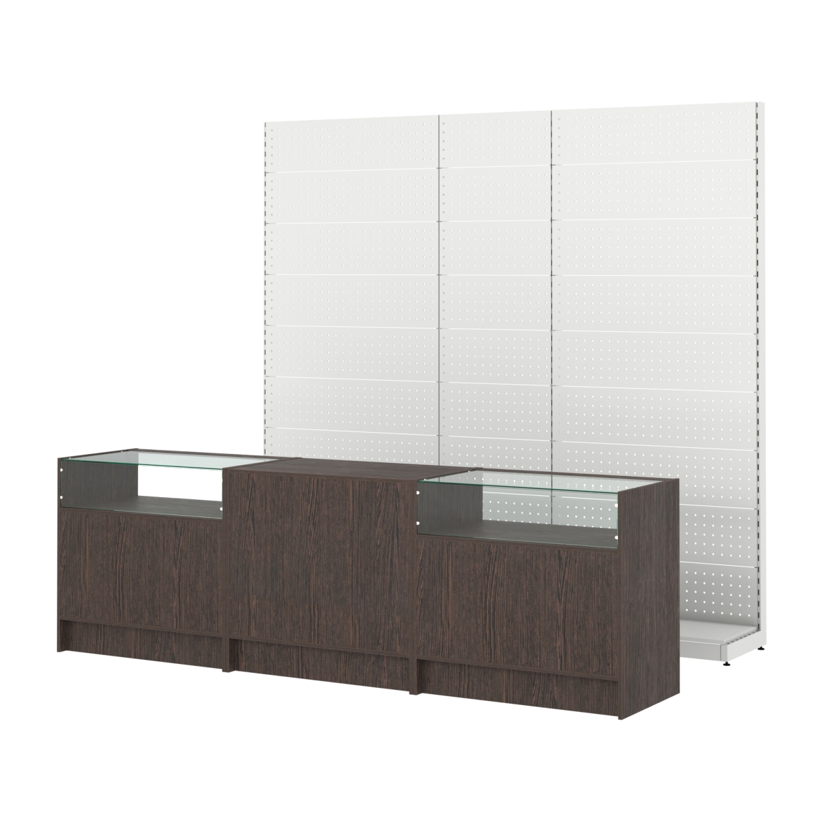 Комплект металлических стеллажей с перфорацией и прилавков ЭК-2 Дуб Венге