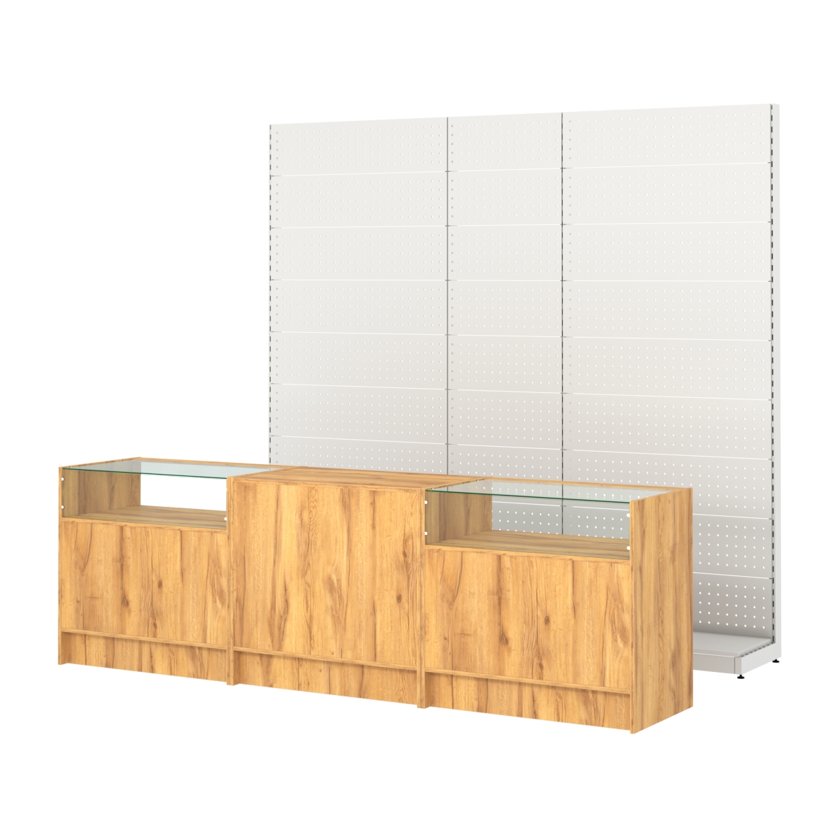 Комплект металлических стеллажей с перфорацией и прилавков ЭК-2 Дуб Золотистый