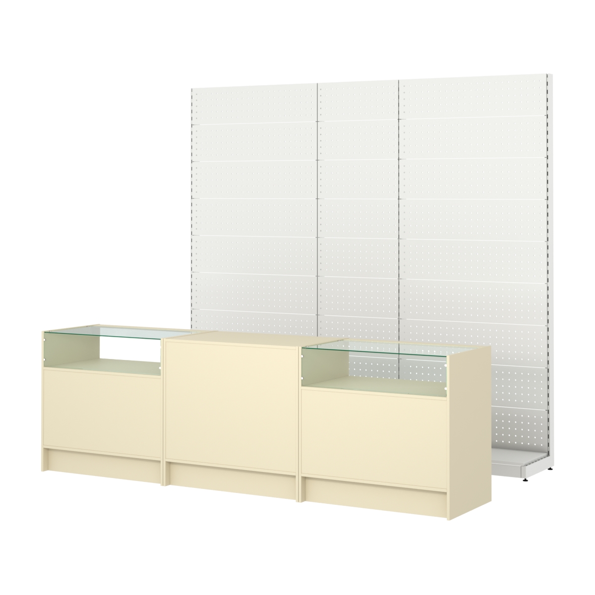 Комплект металлических стеллажей с перфорацией и прилавков ЭК-2 Крем Вайс