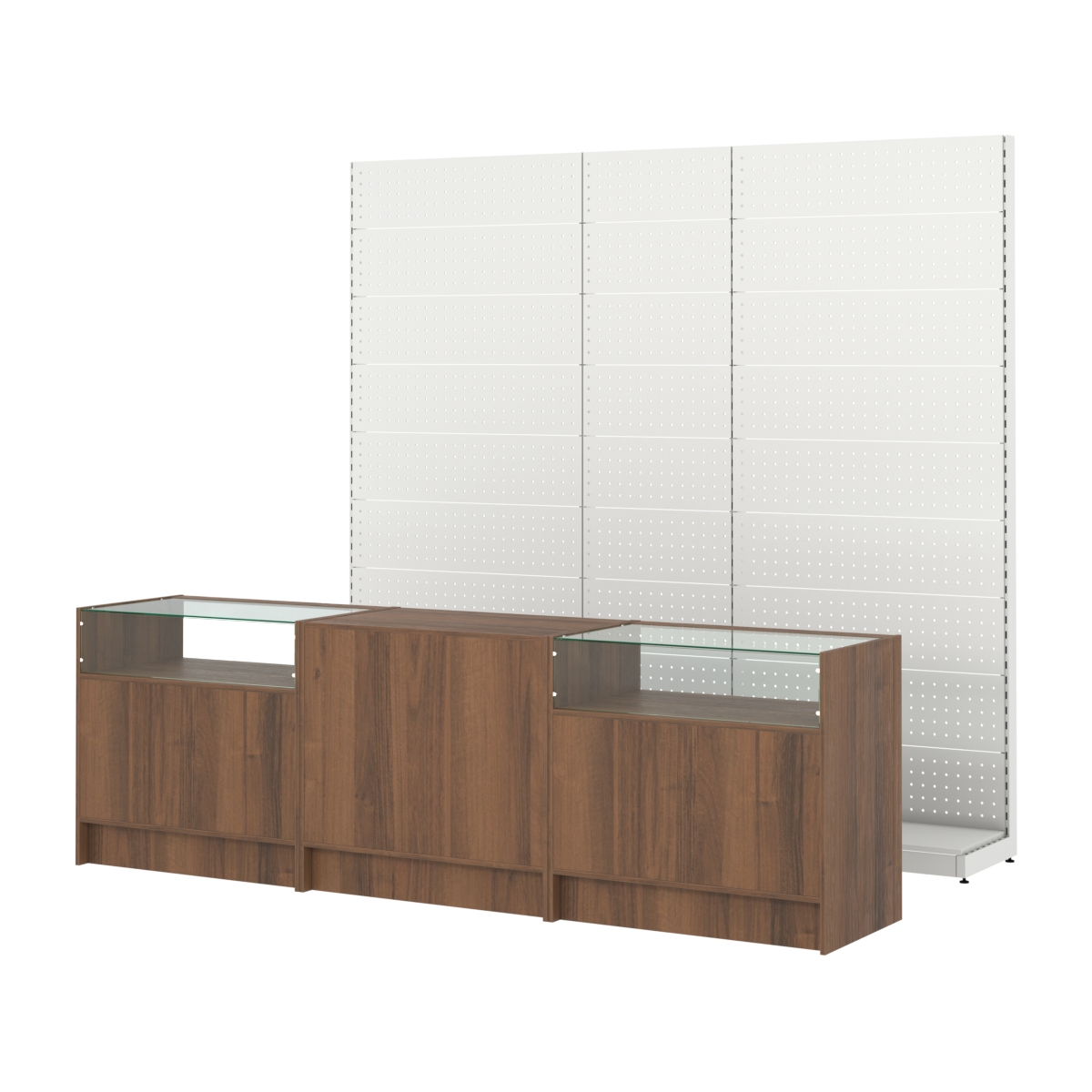 Комплект металлических стеллажей с перфорацией и прилавков ЭК-2 Орех