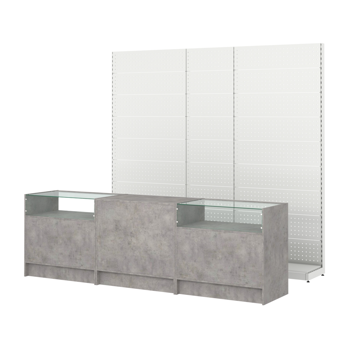 Комплект металлических стеллажей с перфорацией и прилавков ЭК-2 Бетон Чикаго светло-серый F186 ST9