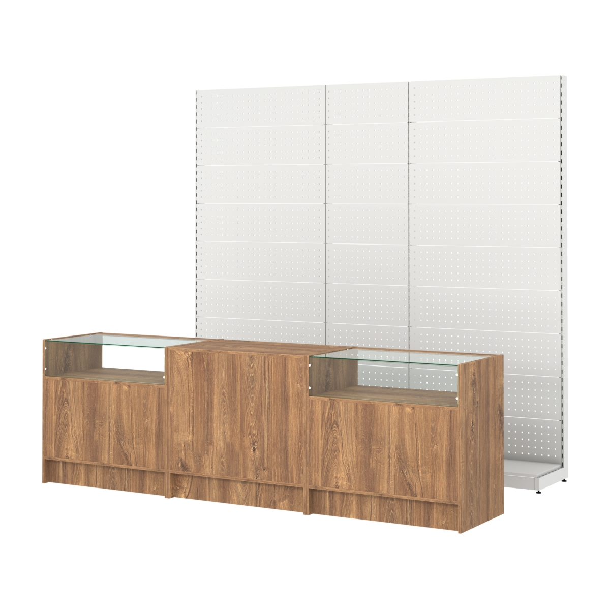 Комплект металлических стеллажей с перфорацией и прилавков ЭК-2 Дуб Канзас коричневый