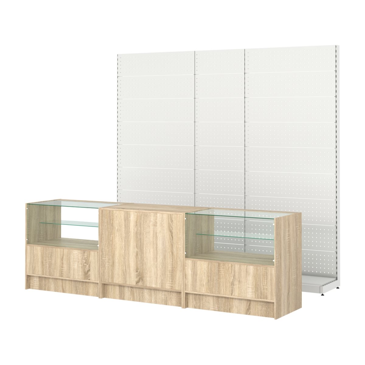 Комплект металлических стеллажей с перфорацией и прилавков ЭК-3 Дуб сонома