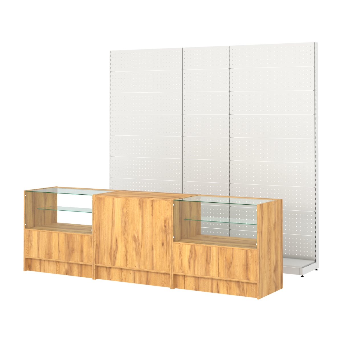 Комплект металлических стеллажей с перфорацией и прилавков ЭК-3 Дуб Золотистый