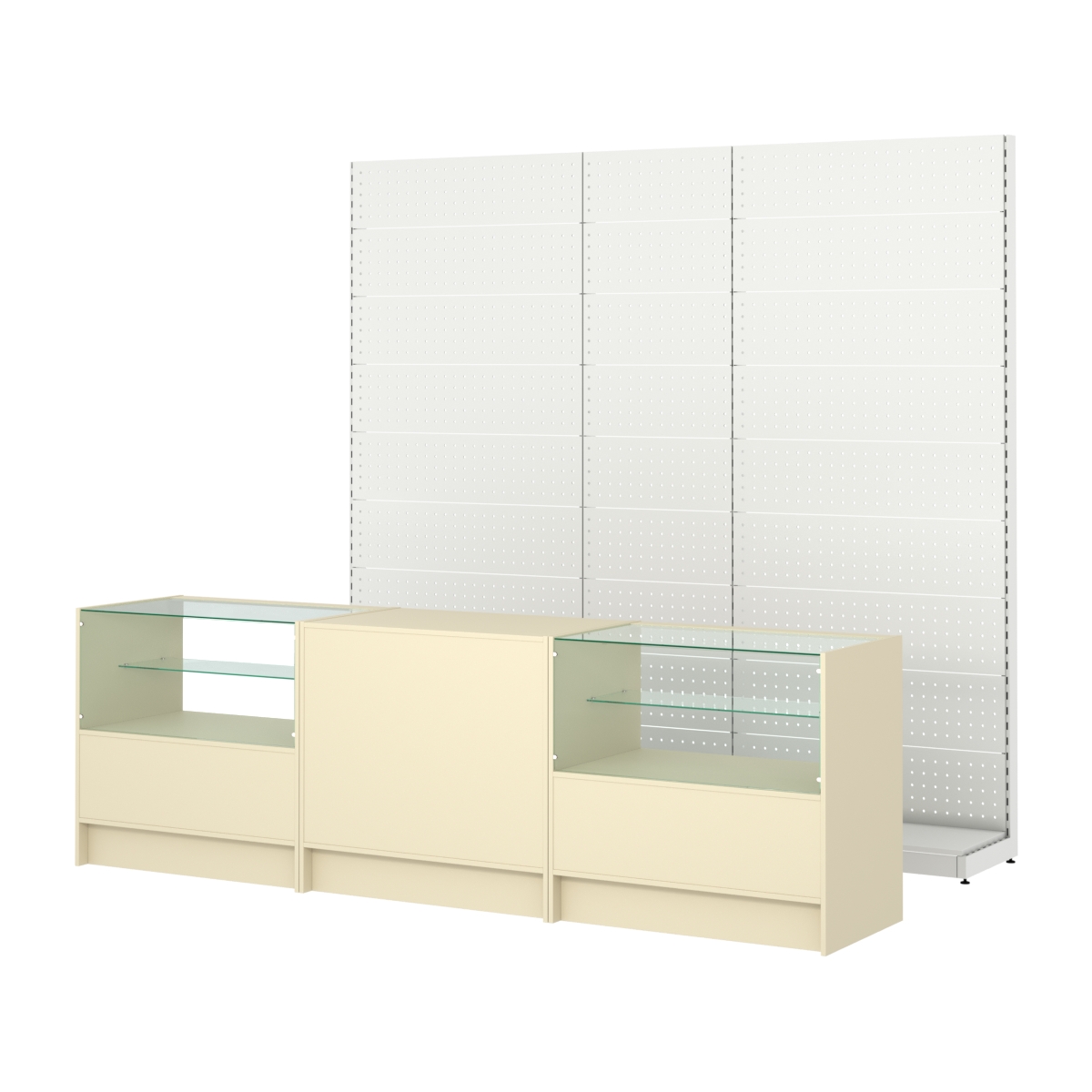 Комплект металлических стеллажей с перфорацией и прилавков ЭК-3 Крем Вайс