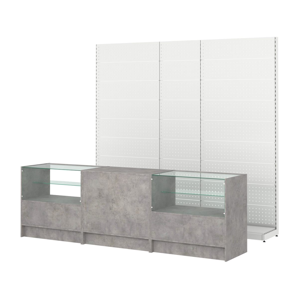 Комплект металлических стеллажей с перфорацией и прилавков ЭК-3 Бетон Чикаго светло-серый F186 ST9