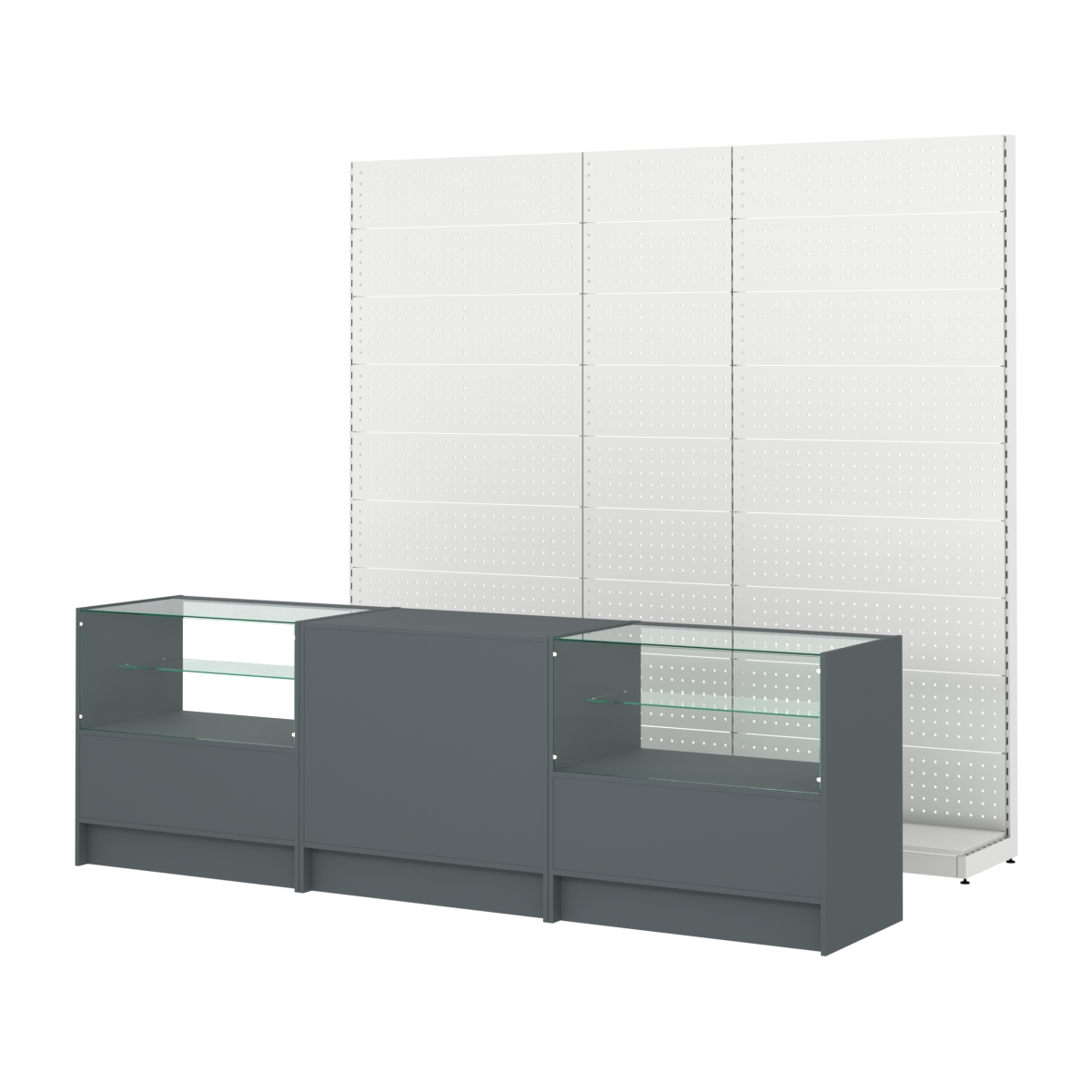 Комплект металлических стеллажей с перфорацией и прилавков ЭК-3 Темно-Серый