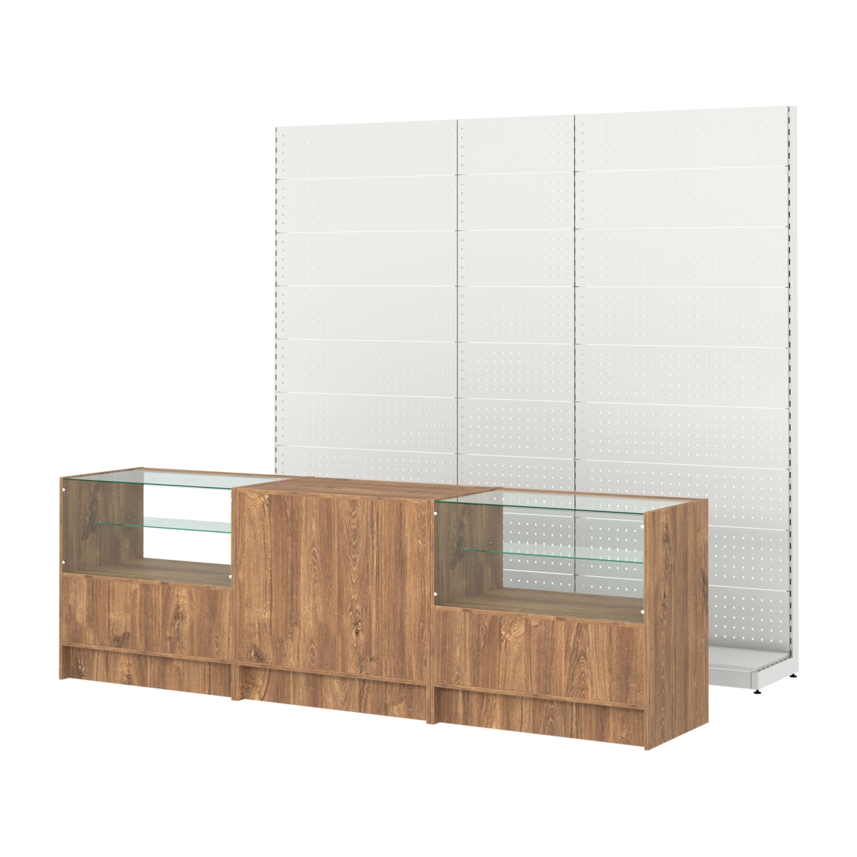 Комплект металлических стеллажей с перфорацией и прилавков ЭК-3 Дуб Канзас коричневый