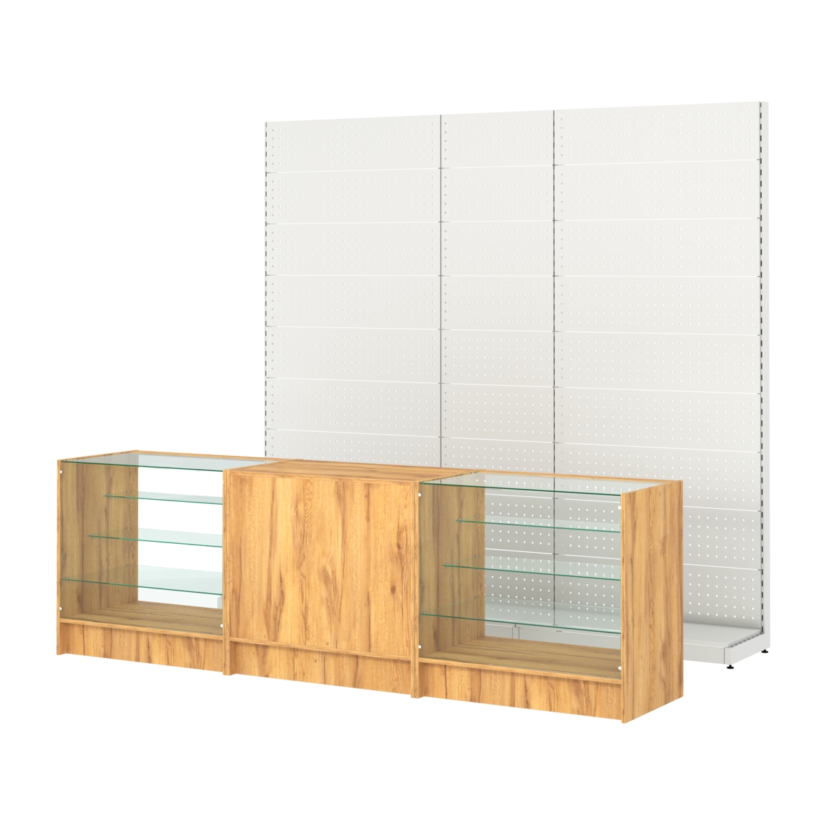 Комплект металлических стеллажей с перфорацией и прилавков ЭК-4 Дуб Золотистый