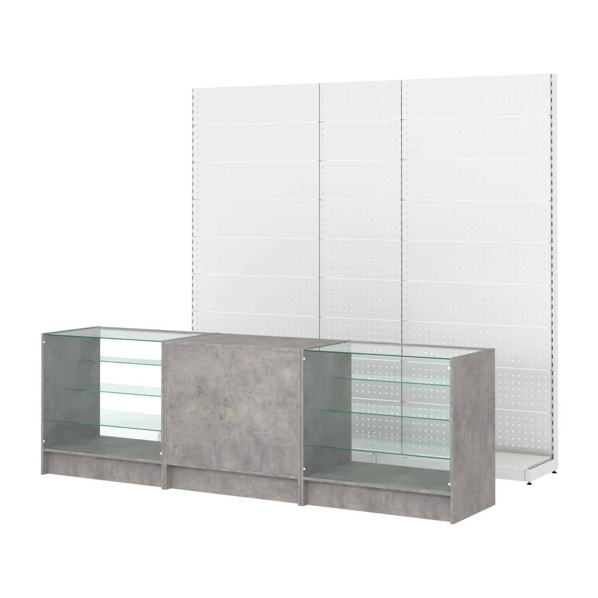 Комплект металлических стеллажей с перфорацией и прилавков ЭК-4 Бетон Чикаго светло-серый F186 ST9