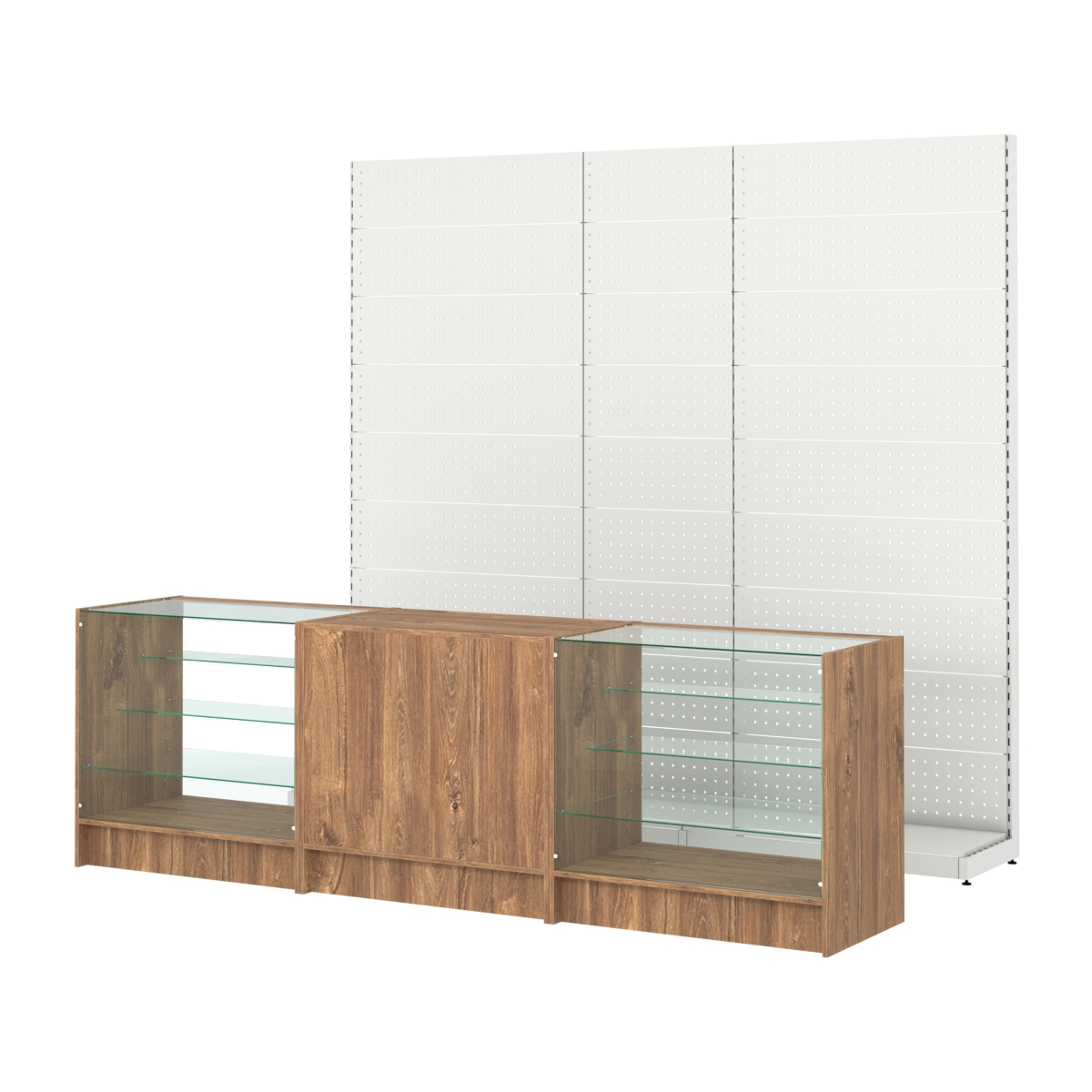 Комплект металлических стеллажей с перфорацией и прилавков ЭК-4 Дуб Канзас коричневый