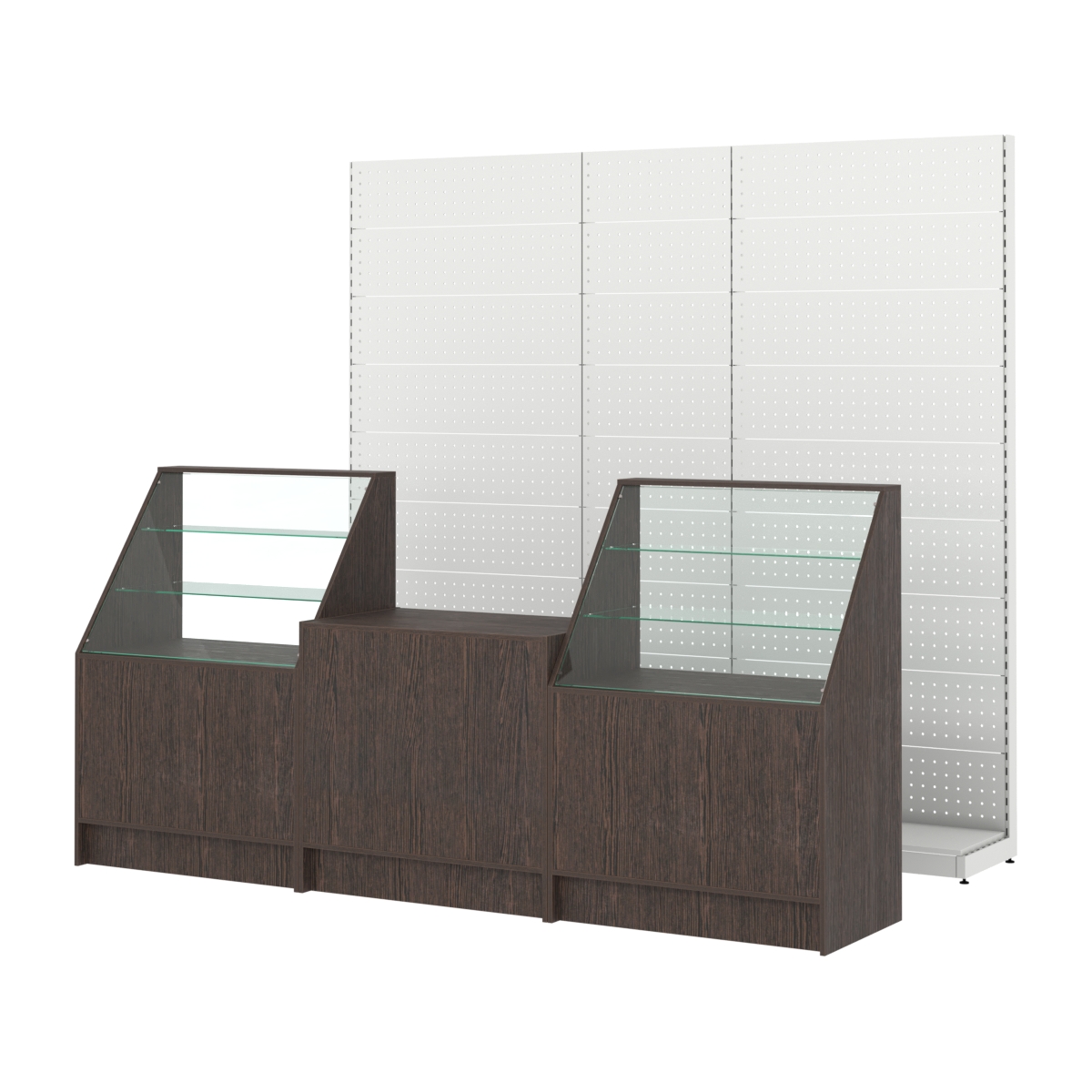 Комплект металлических стеллажей с перфорацией и прилавков ЭК-7 Дуб Венге