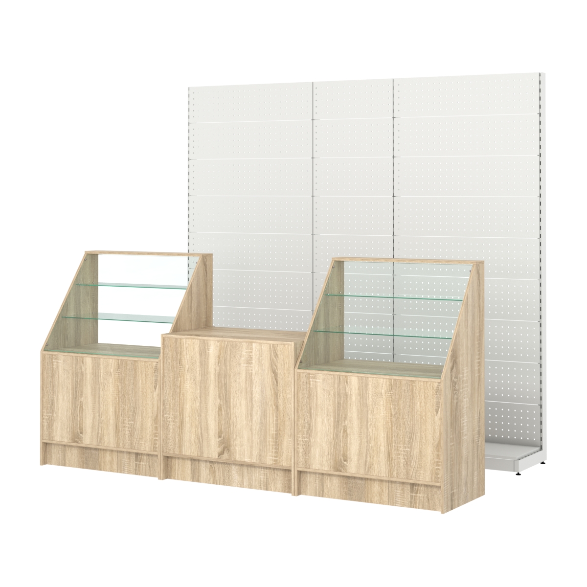 Комплект металлических стеллажей с перфорацией и прилавков ЭК-7 Дуб сонома