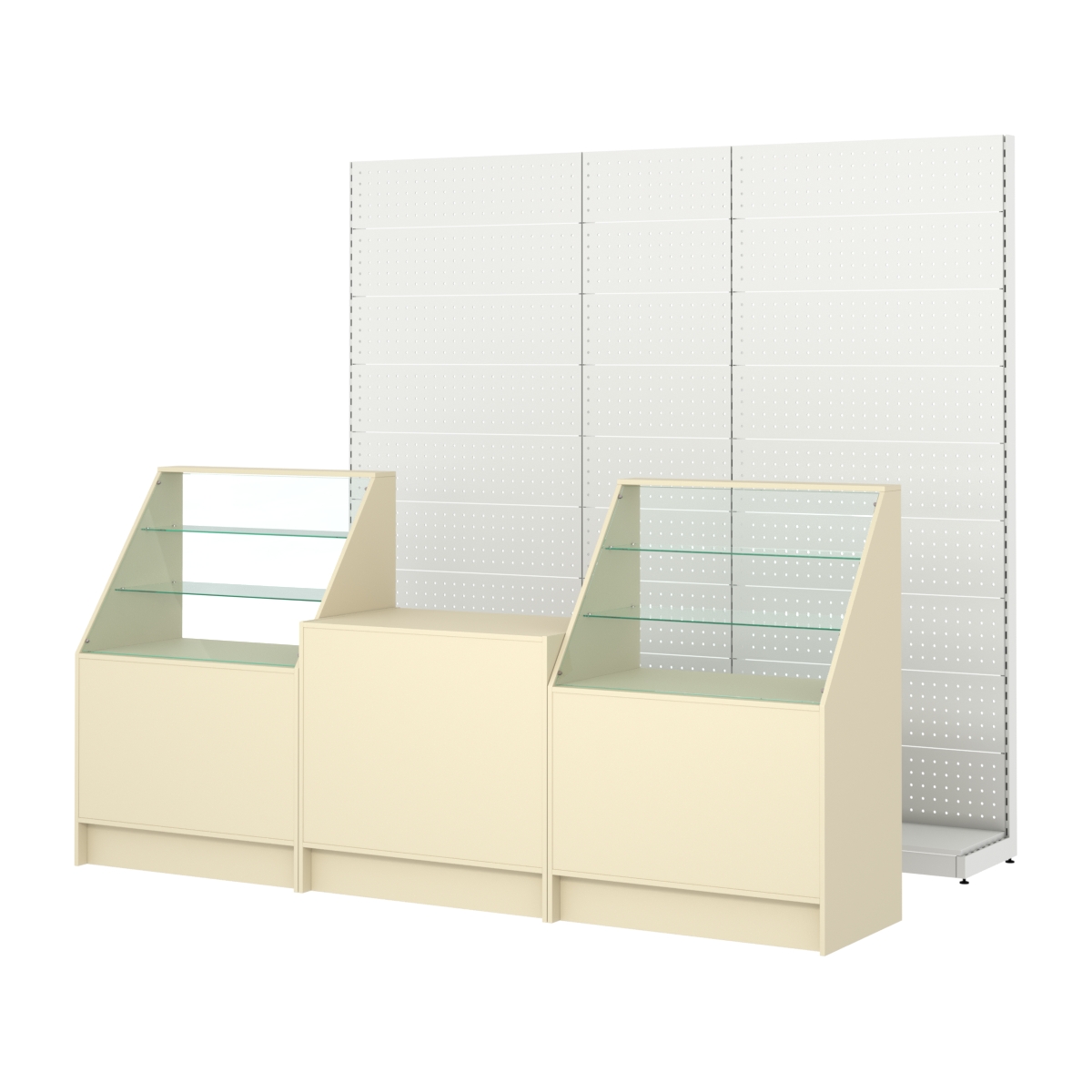 Комплект металлических стеллажей с перфорацией и прилавков ЭК-7 Крем Вайс