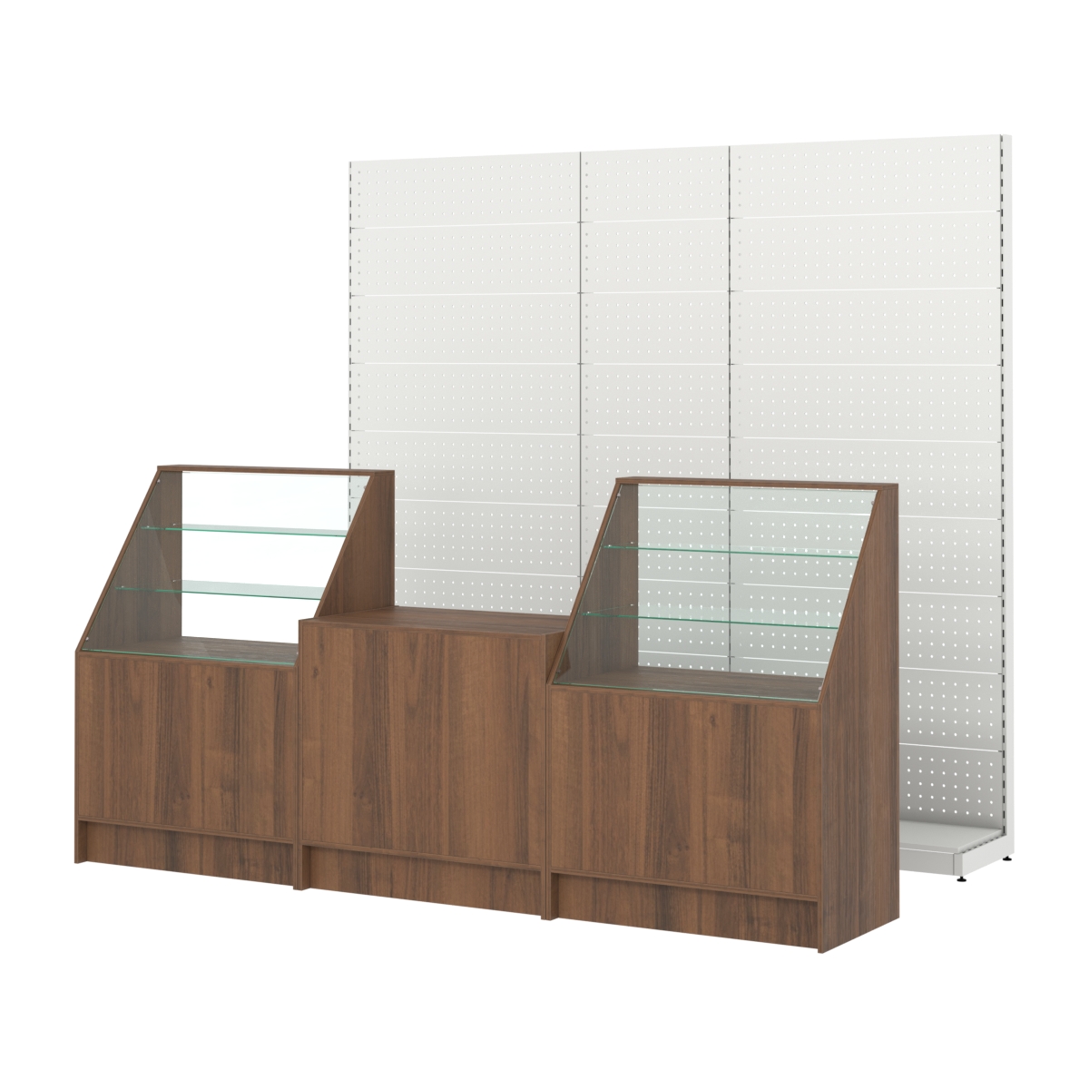 Комплект металлических стеллажей с перфорацией и прилавков ЭК-7 Орех