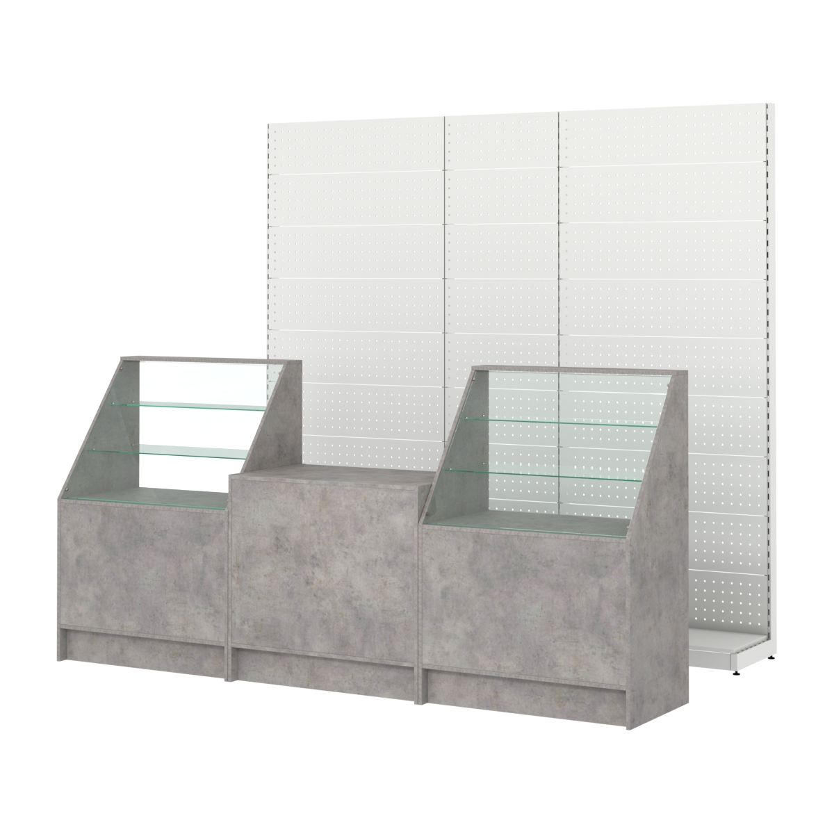 Комплект металлических стеллажей с перфорацией и прилавков ЭК-7 Бетон Чикаго светло-серый F186 ST9