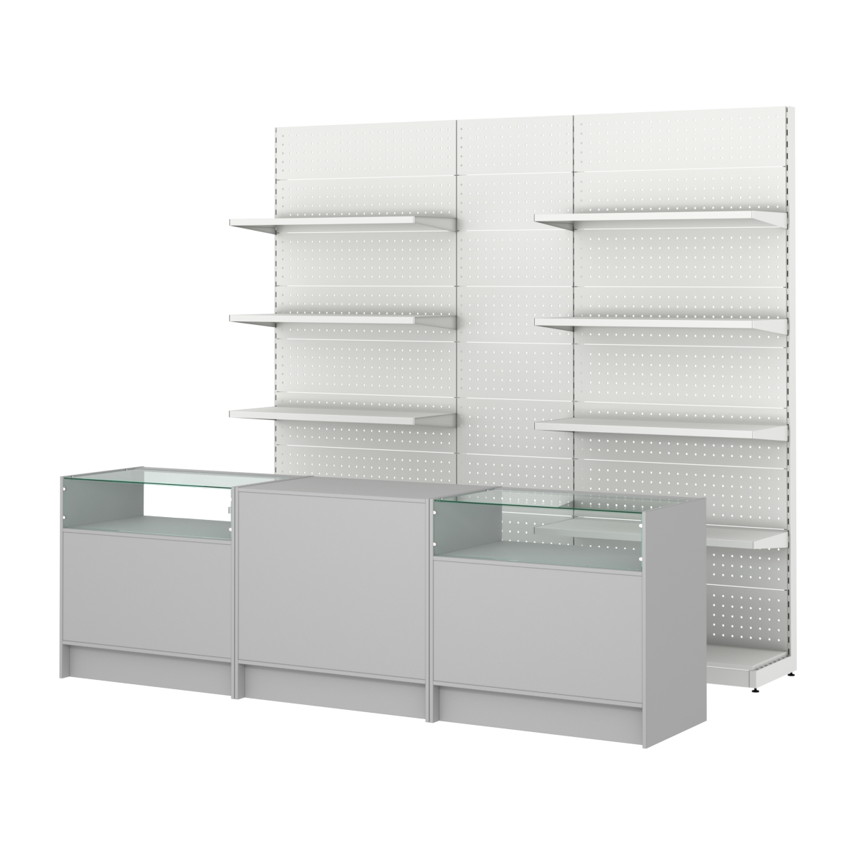 Комплект металлических стеллажей с полками и перфорацией и прилавков ЭК-2 Серый