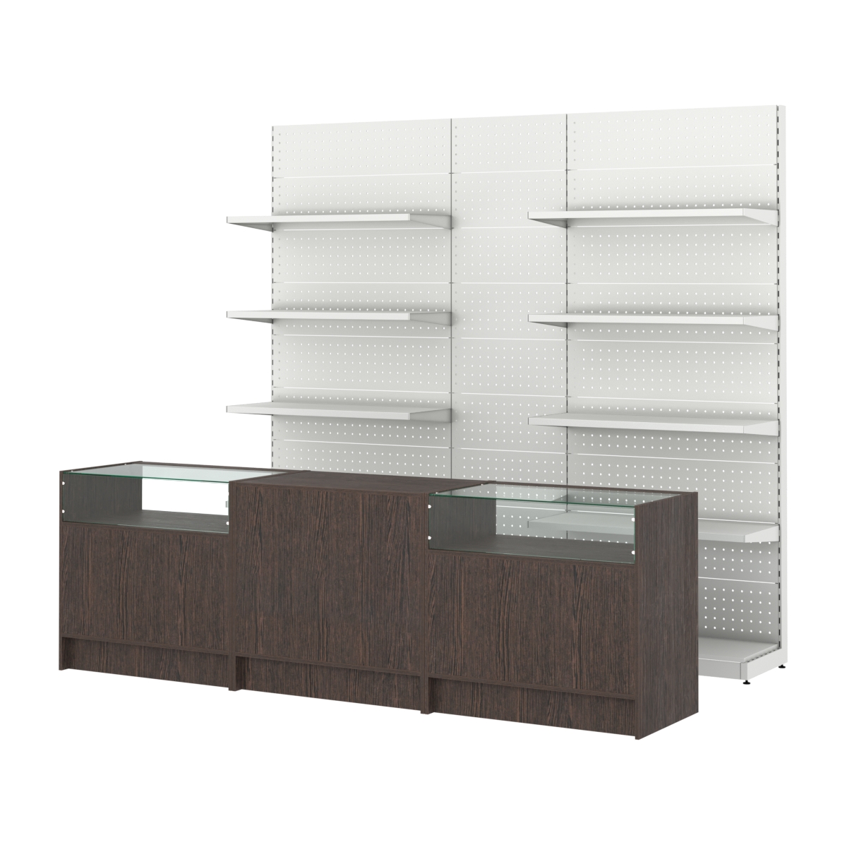 Комплект металлических стеллажей с полками и перфорацией и прилавков ЭК-2 Дуб Венге