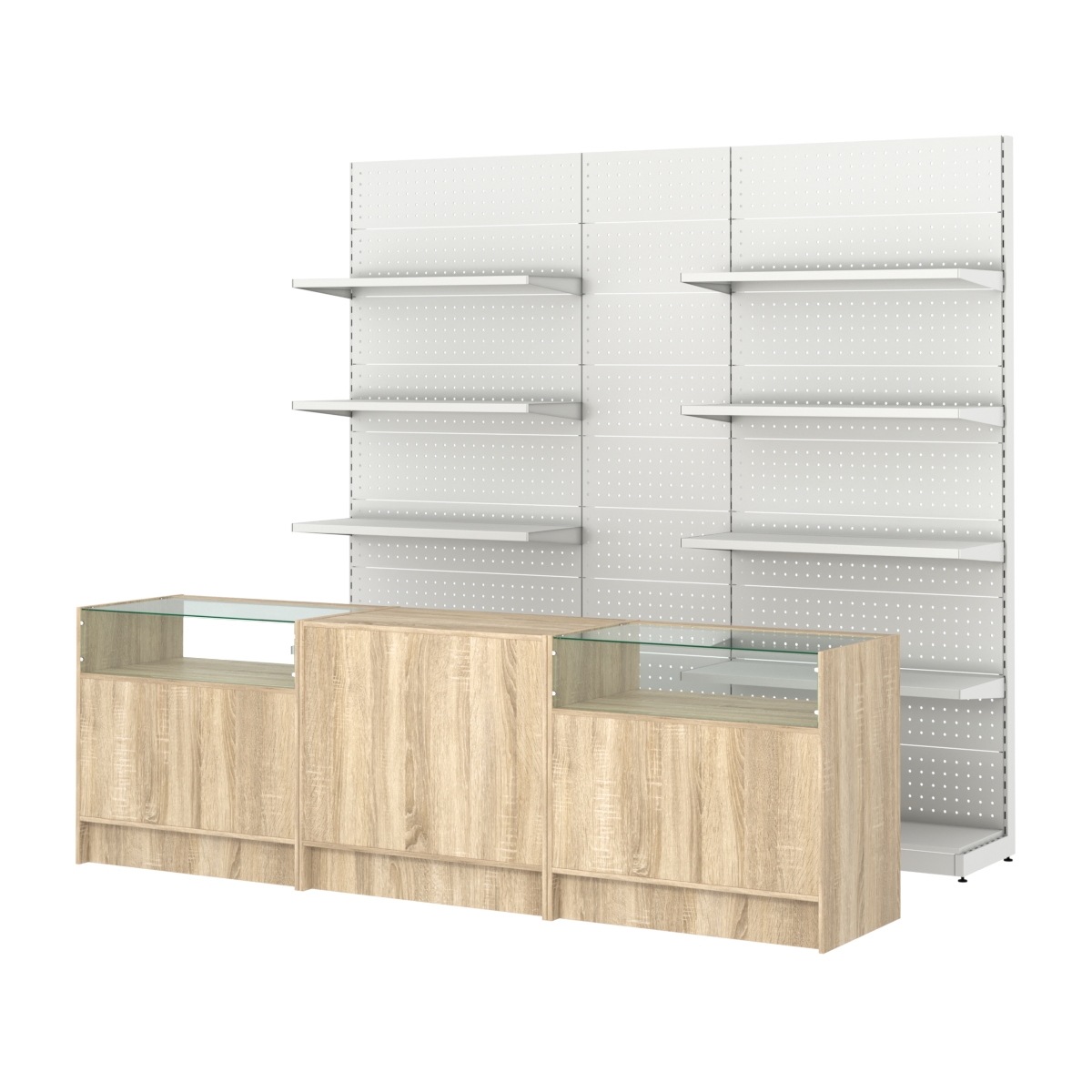 Комплект металлических стеллажей с полками и перфорацией и прилавков ЭК-2 Дуб сонома