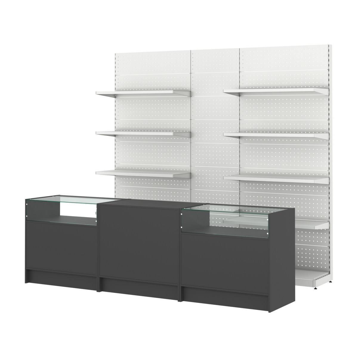 Комплект металлических стеллажей с полками и перфорацией и прилавков ЭК-2 Черный