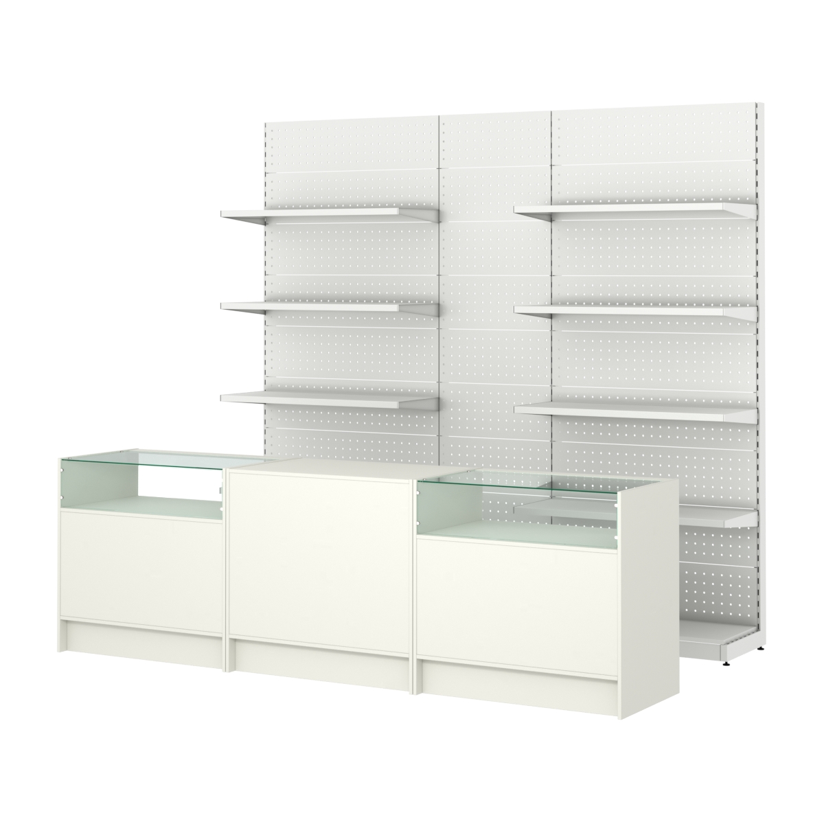 Комплект металлических стеллажей с полками и перфорацией и прилавков ЭК-2 Белый