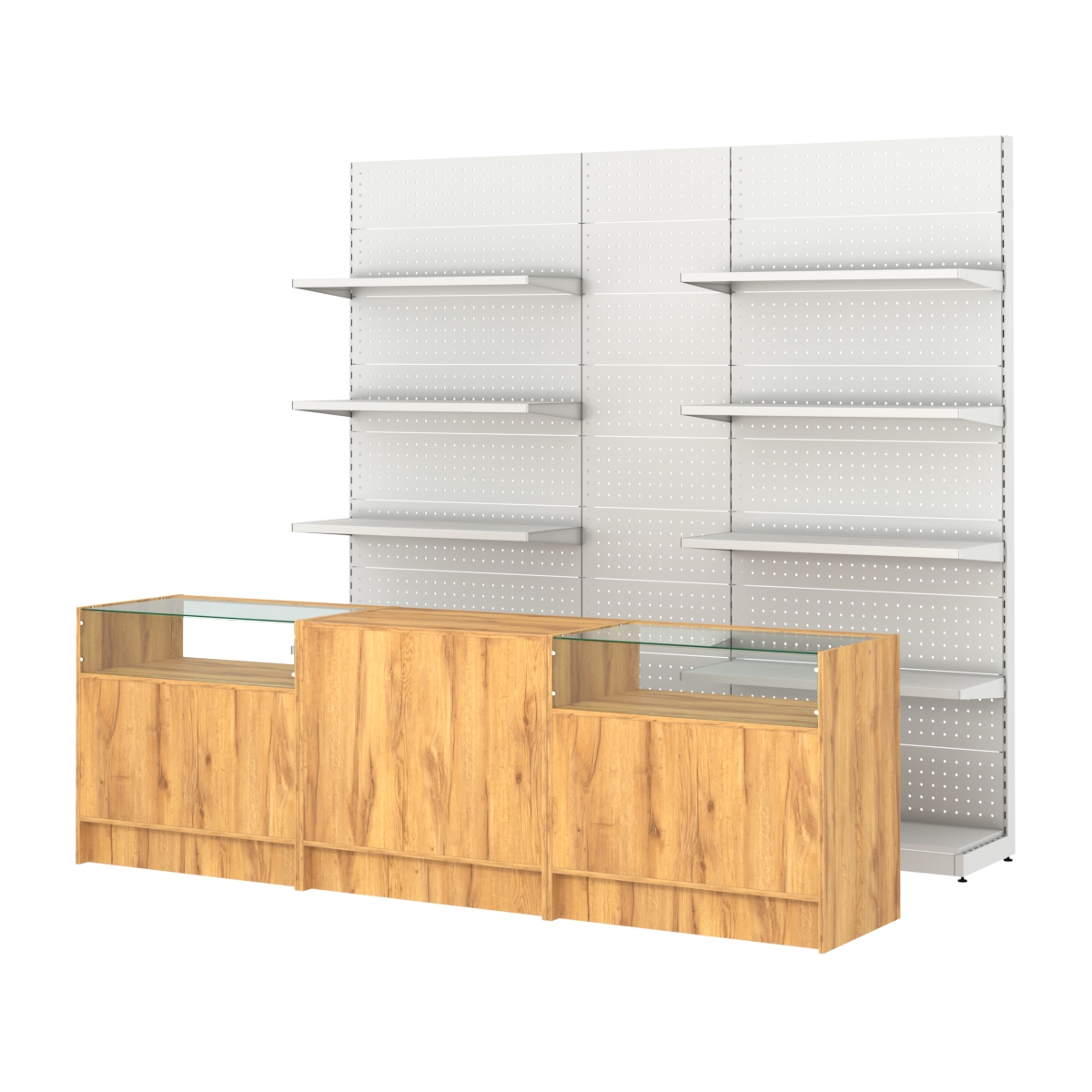 Комплект металлических стеллажей с полками и перфорацией и прилавков ЭК-2 Дуб Золотистый
