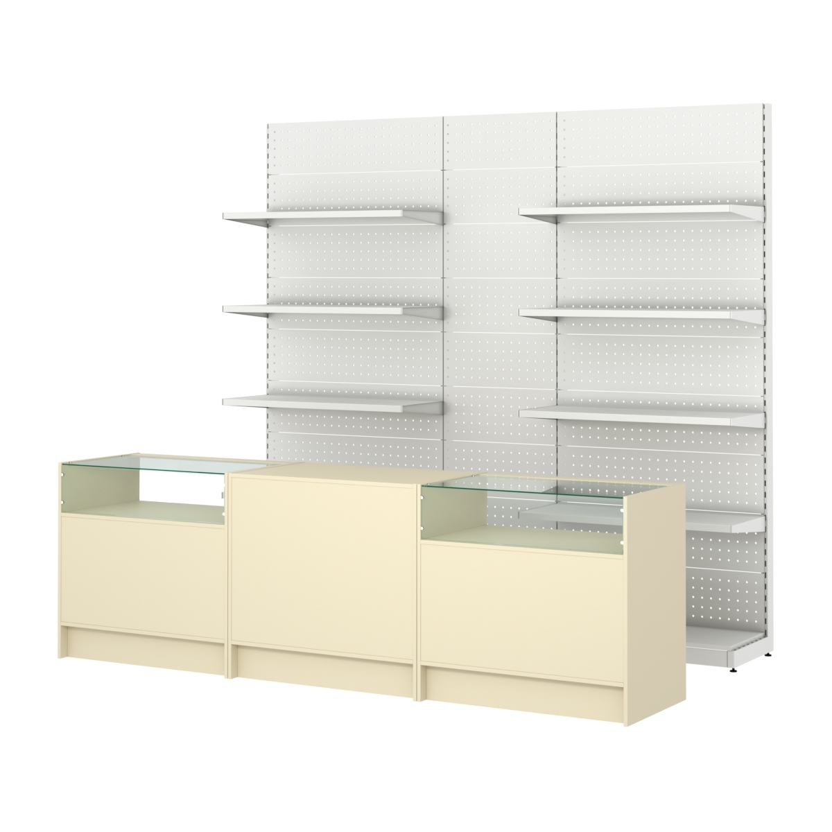 Комплект металлических стеллажей с полками и перфорацией и прилавков ЭК-2 Крем Вайс