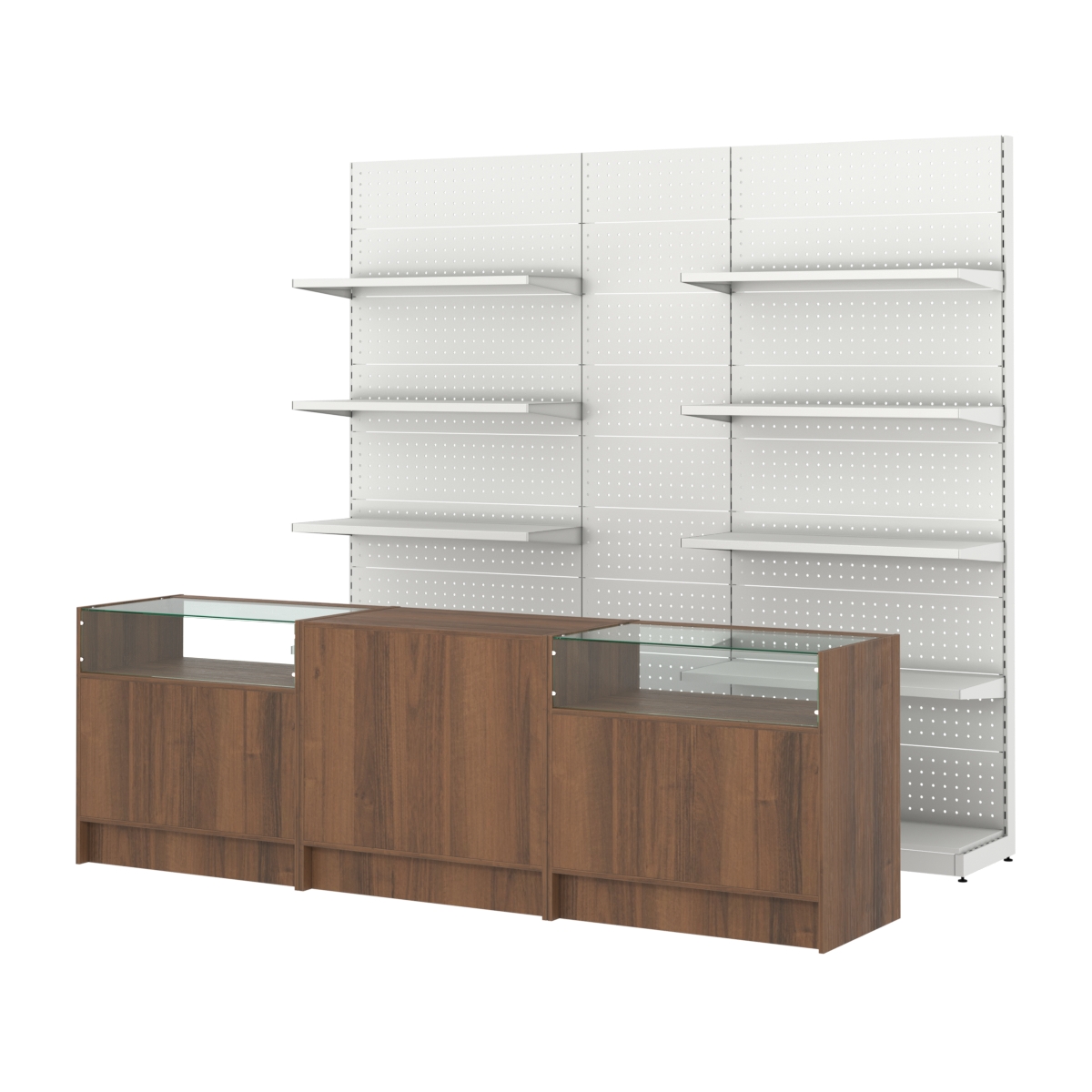 Комплект металлических стеллажей с полками и перфорацией и прилавков ЭК-2 Орех