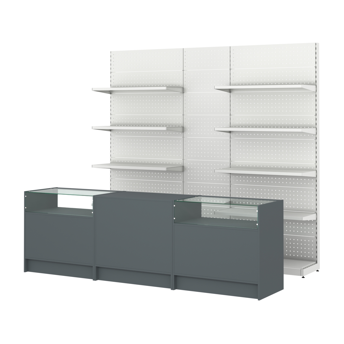 Комплект металлических стеллажей с полками и перфорацией и прилавков ЭК-2 Темно-Серый