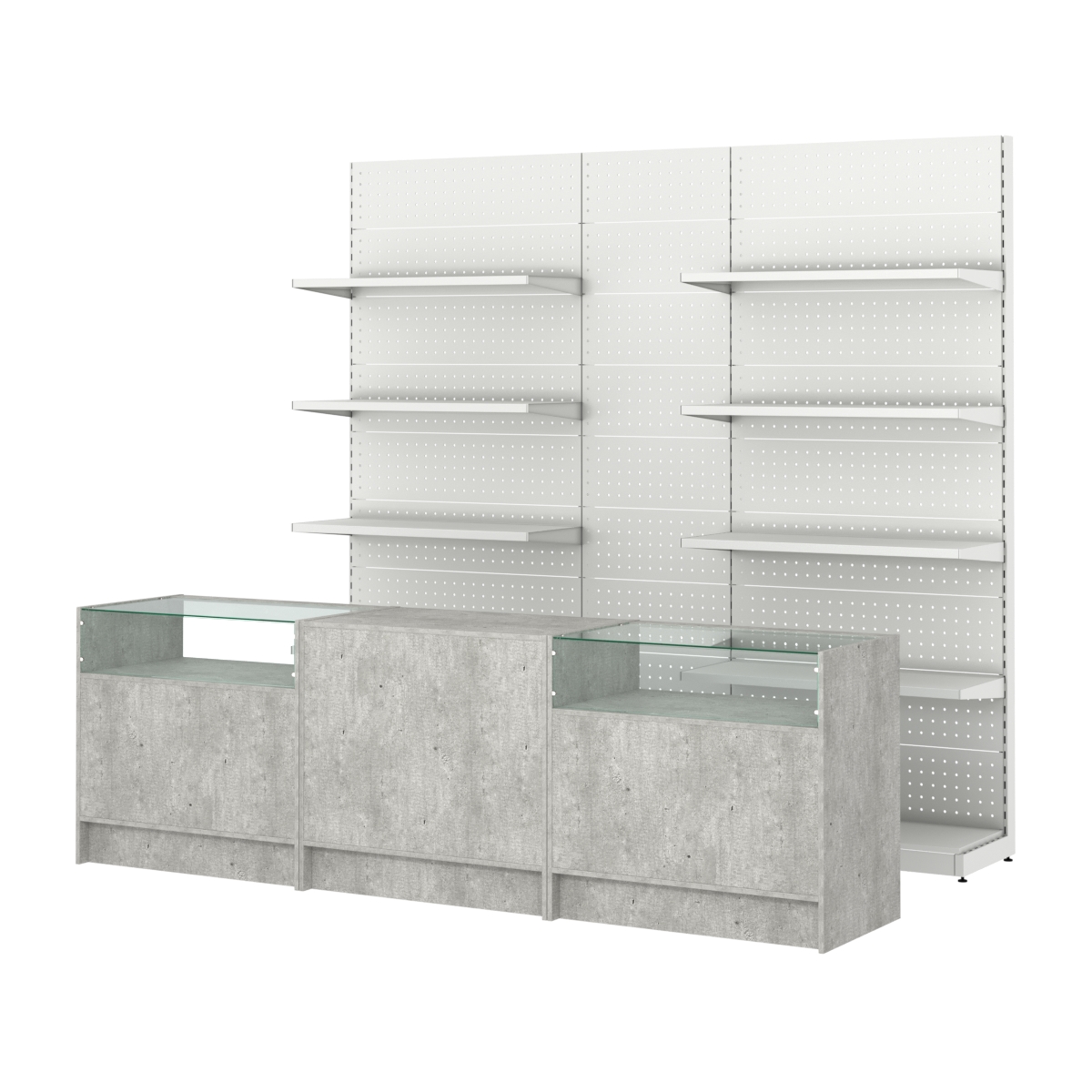 Комплект металлических стеллажей с полками и перфорацией и прилавков ЭК-2 Метрополитан Грей