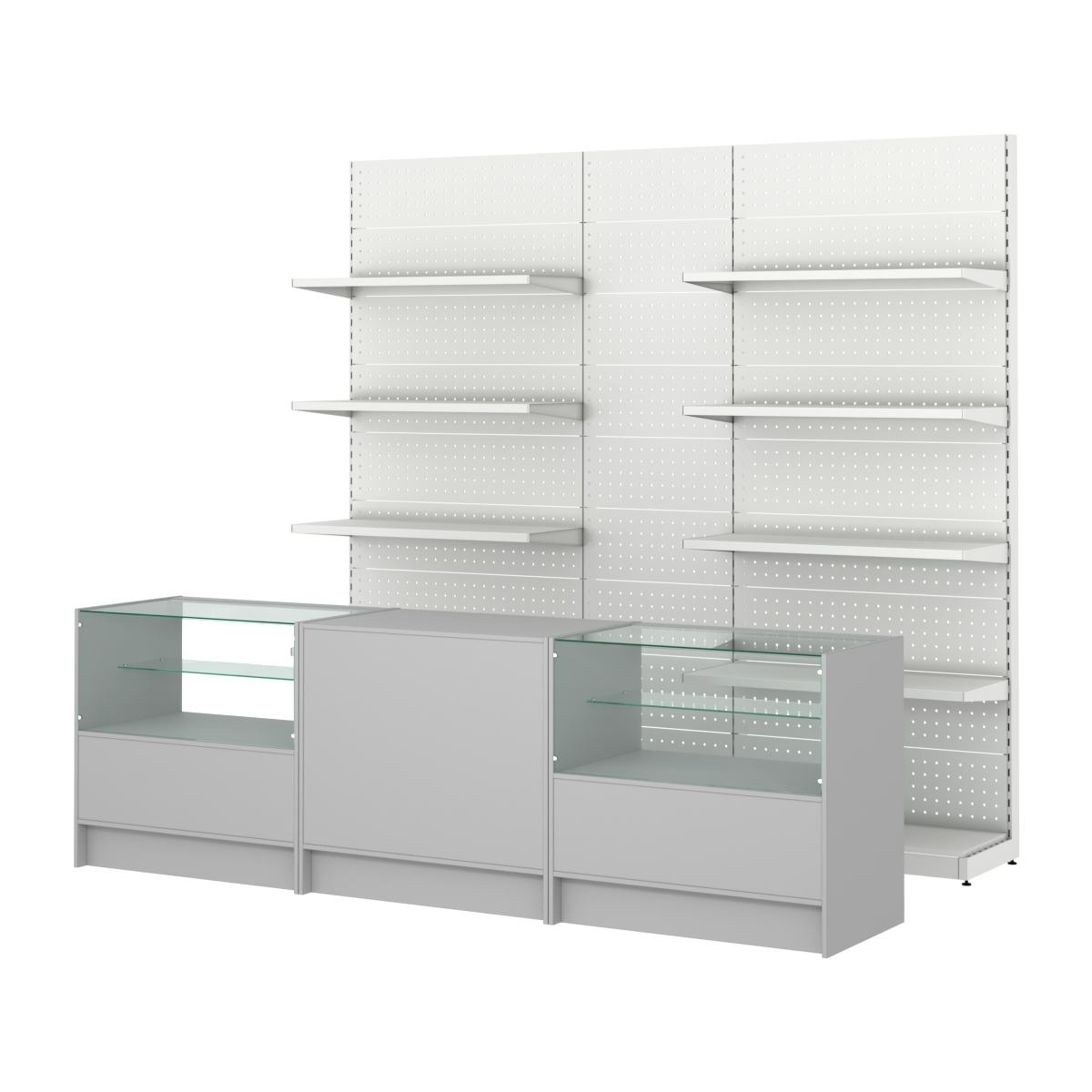 Комплект металлических стеллажей с полками и перфорацией и прилавков ЭК-3 Серый