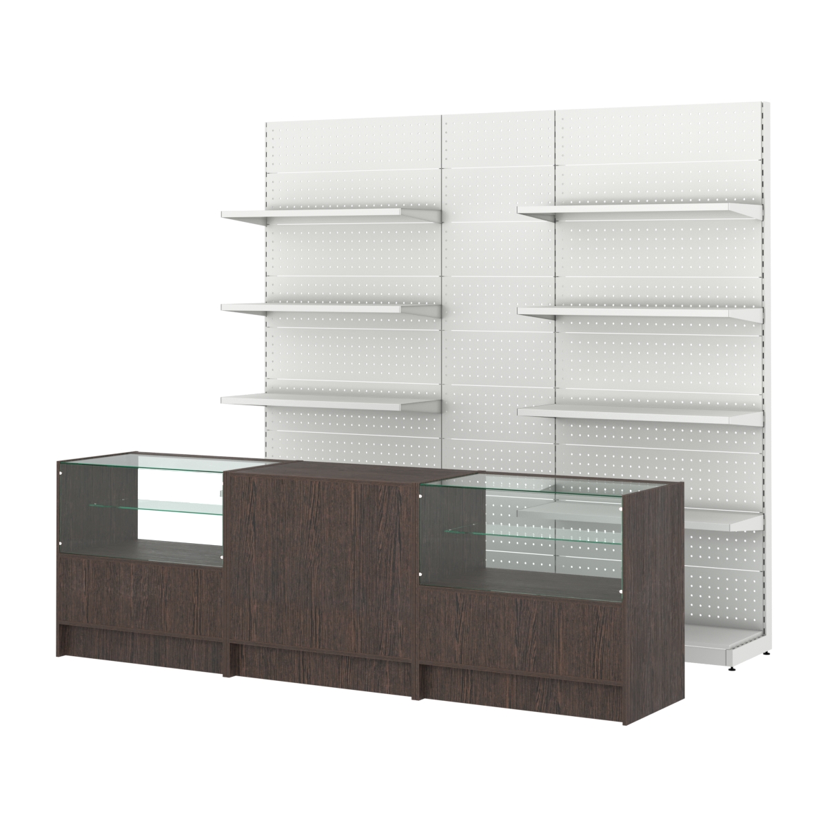 Комплект металлических стеллажей с полками и перфорацией и прилавков ЭК-3 Дуб Венге