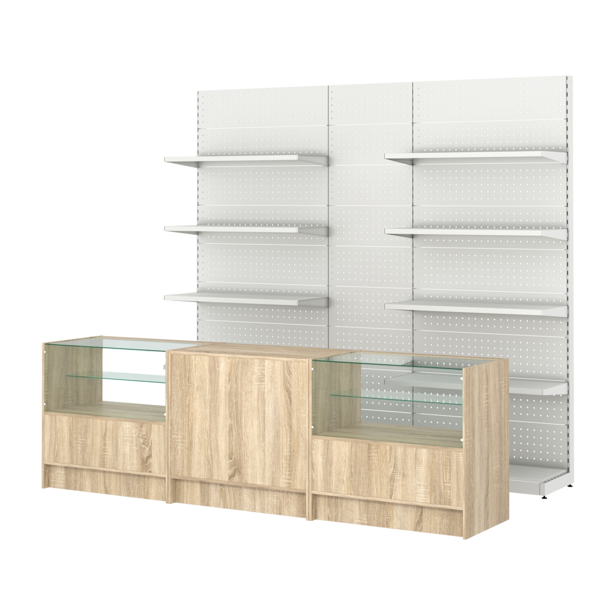 Комплект металлических стеллажей с полками и перфорацией и прилавков ЭК-3 Дуб сонома