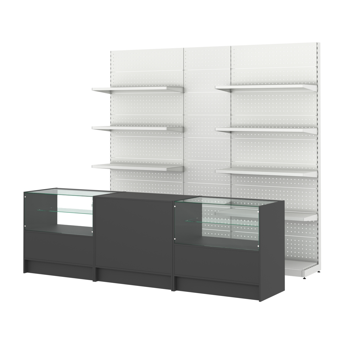 Комплект металлических стеллажей с полками и перфорацией и прилавков ЭК-3 Черный