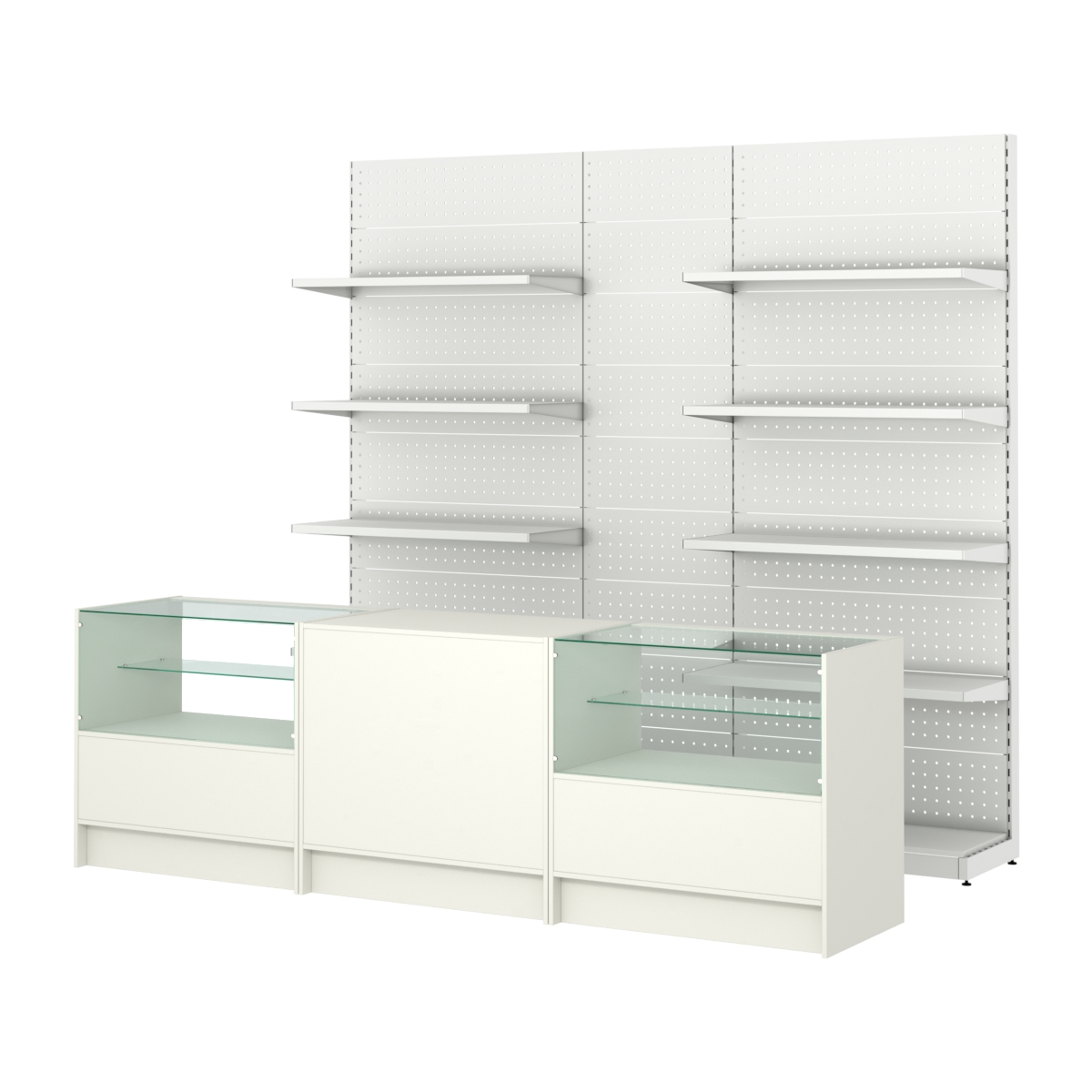 Комплект металлических стеллажей с полками и перфорацией и прилавков ЭК-3 Белый