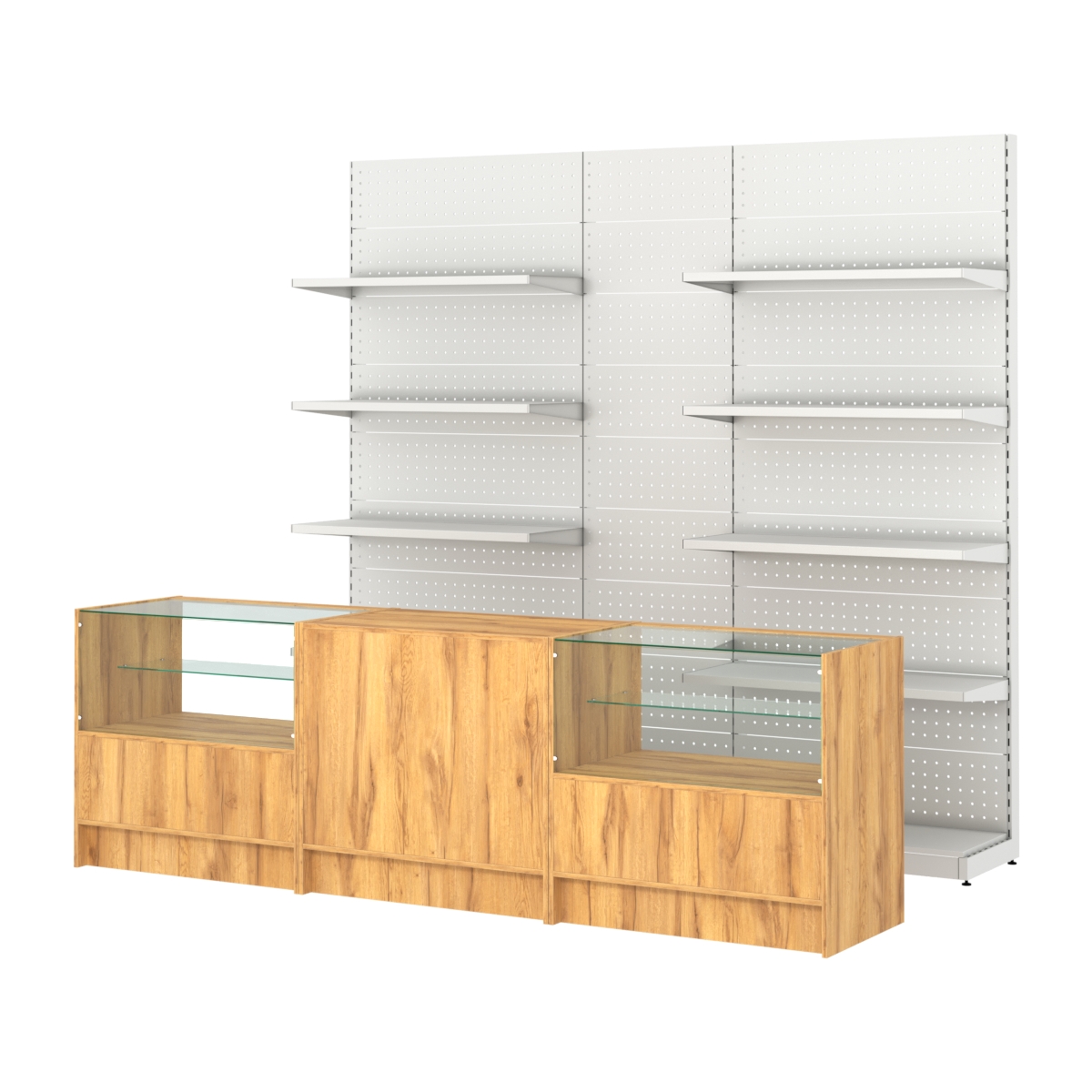 Комплект металлических стеллажей с полками и перфорацией и прилавков ЭК-3 Дуб Золотистый