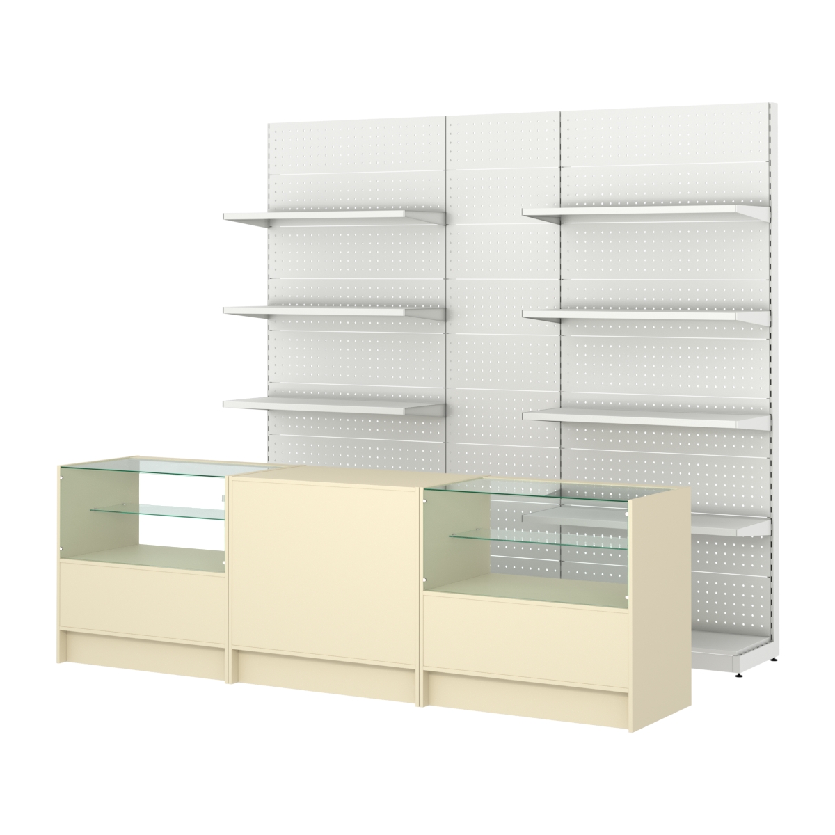 Комплект металлических стеллажей с полками и перфорацией и прилавков ЭК-3 Крем Вайс