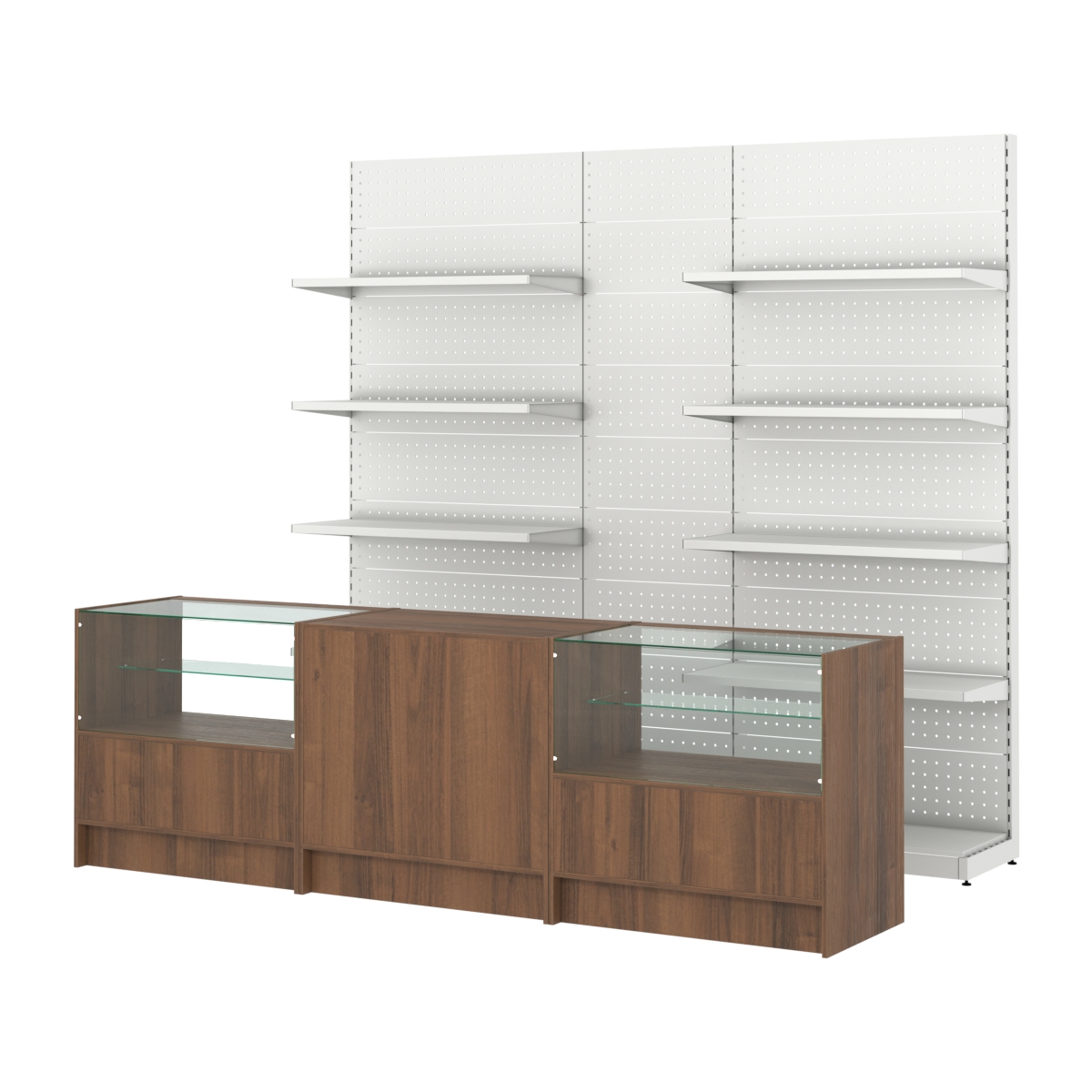 Комплект металлических стеллажей с полками и перфорацией и прилавков ЭК-3 Орех