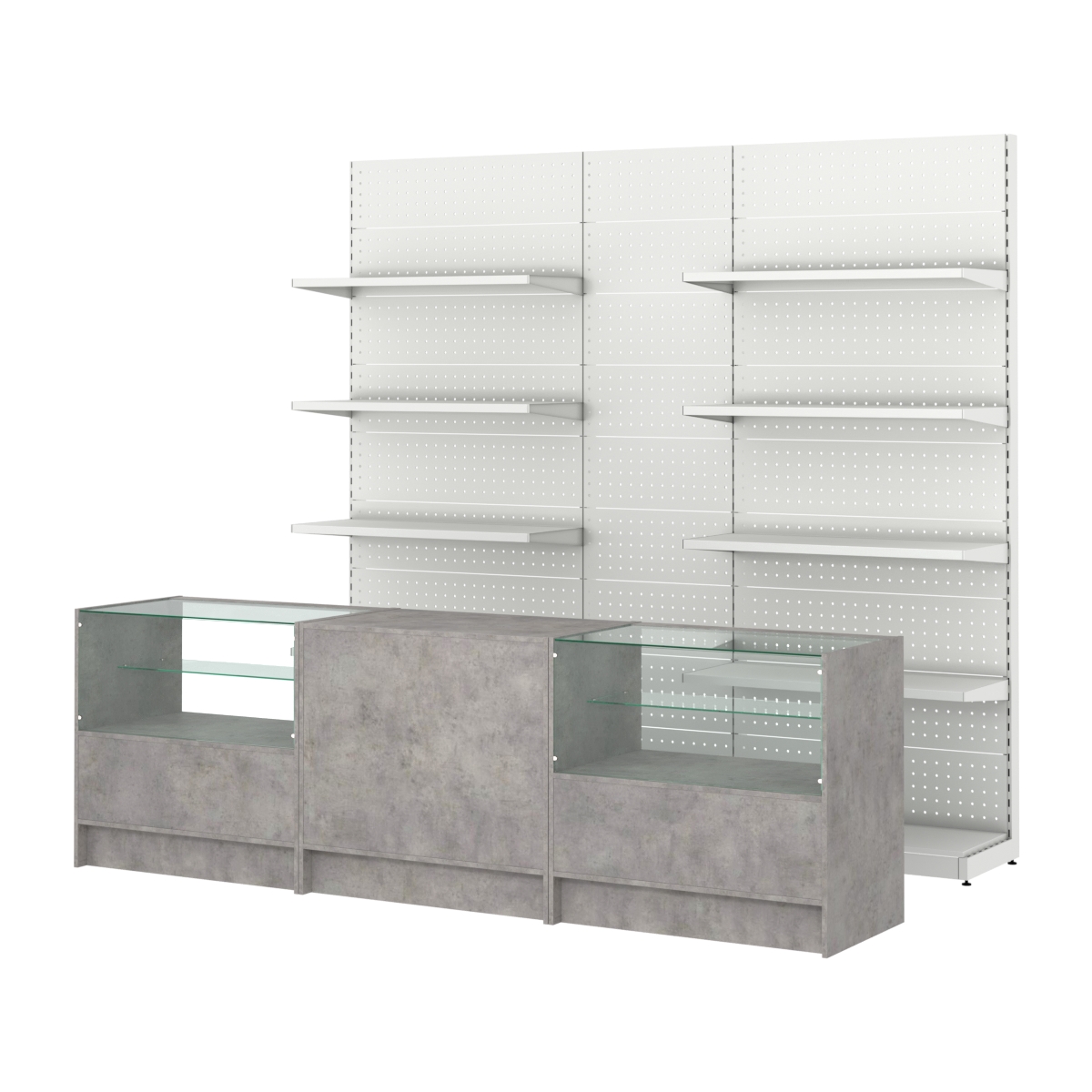 Комплект металлических стеллажей с полками и перфорацией и прилавков ЭК-3 Бетон Чикаго светло-серый F186 ST9