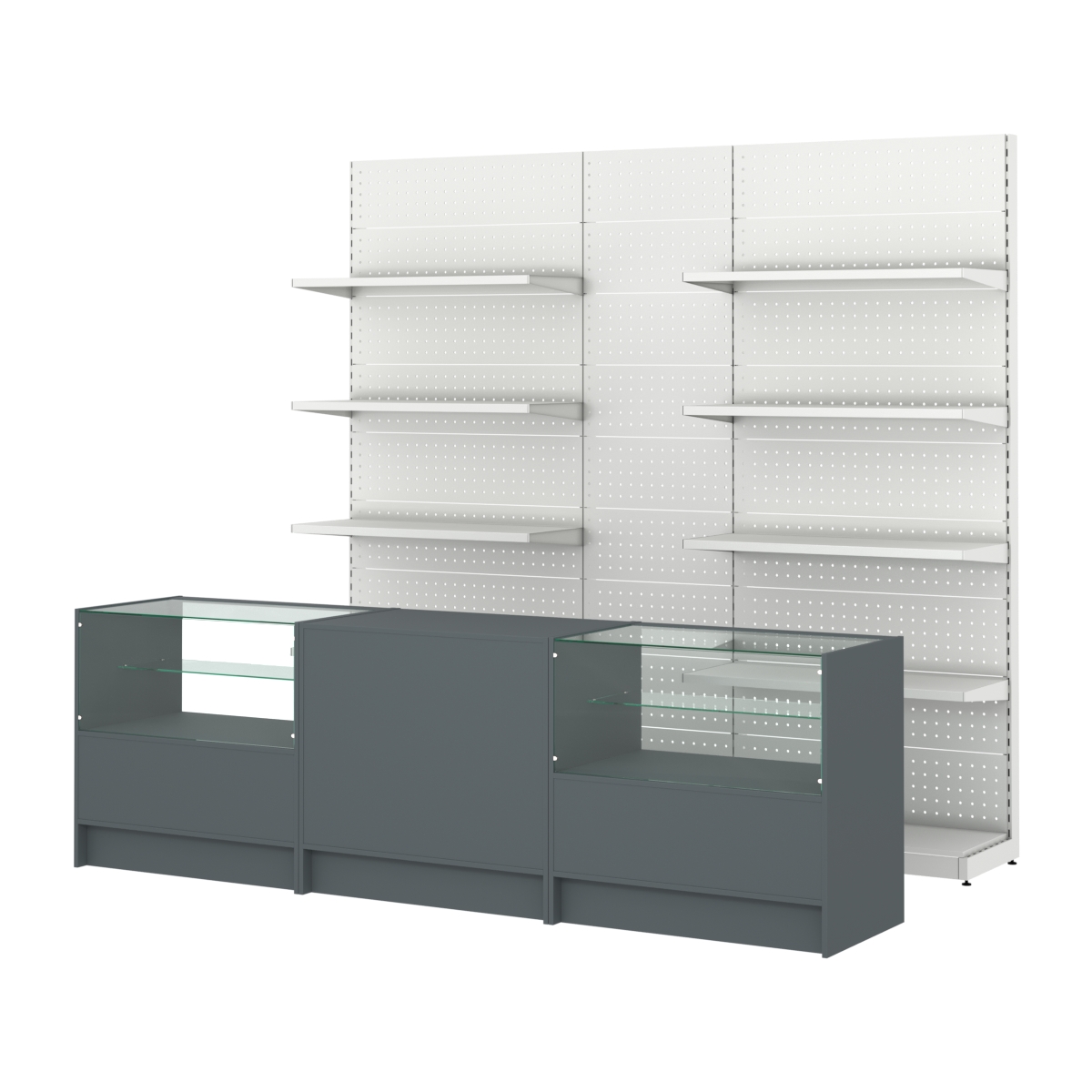 Комплект металлических стеллажей с полками и перфорацией и прилавков ЭК-3 Темно-Серый