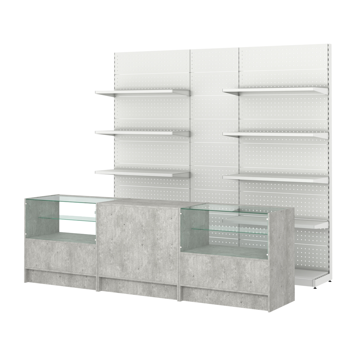 Комплект металлических стеллажей с полками и перфорацией и прилавков ЭК-3 Метрополитан Грей