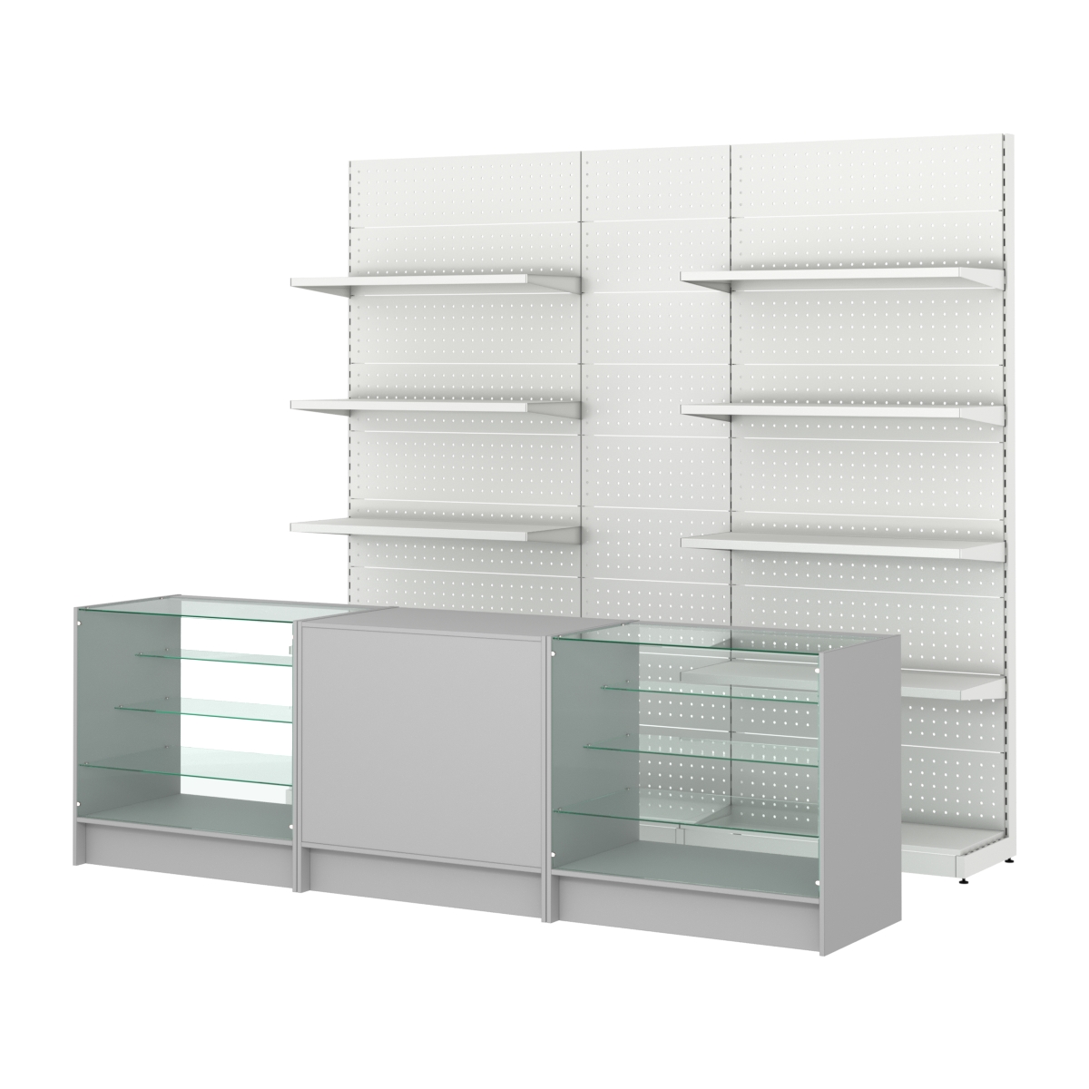 Комплект металлических стеллажей с полками и перфорацией и прилавков ЭК-4 Серый